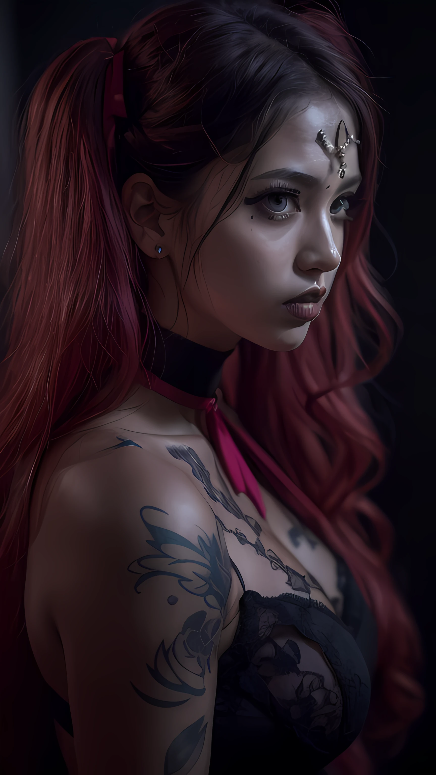 (dark:1.4), deep shadow, darkness, (moonlight:1.3), award winning photo, extremely detailed, amazing, fine detail, absurdres, highly detailed woman, extremely detailed eyes and face, piercing red eyes, detailed clothes, skinny, (gothic), twintails, bangs, frills, skirt,red hair, by lee jeffries, nikon d850 film, stock photograph, 4 kodak, portra 400 camera f1.2 Leica Noctilux lens, rich colors, hyper realistic, lifelike texture, dramatic, lighting, unrealengine, trending on artstation, cinestill 800 tungsten, Leica M, Style-Neeko, (facial clarity:1.5),(transparent clothes:1.1),anatomical, (tattoo:1.1), big boobs deep cleavage sexy dress poll dancer, full body view, indian women Sexy