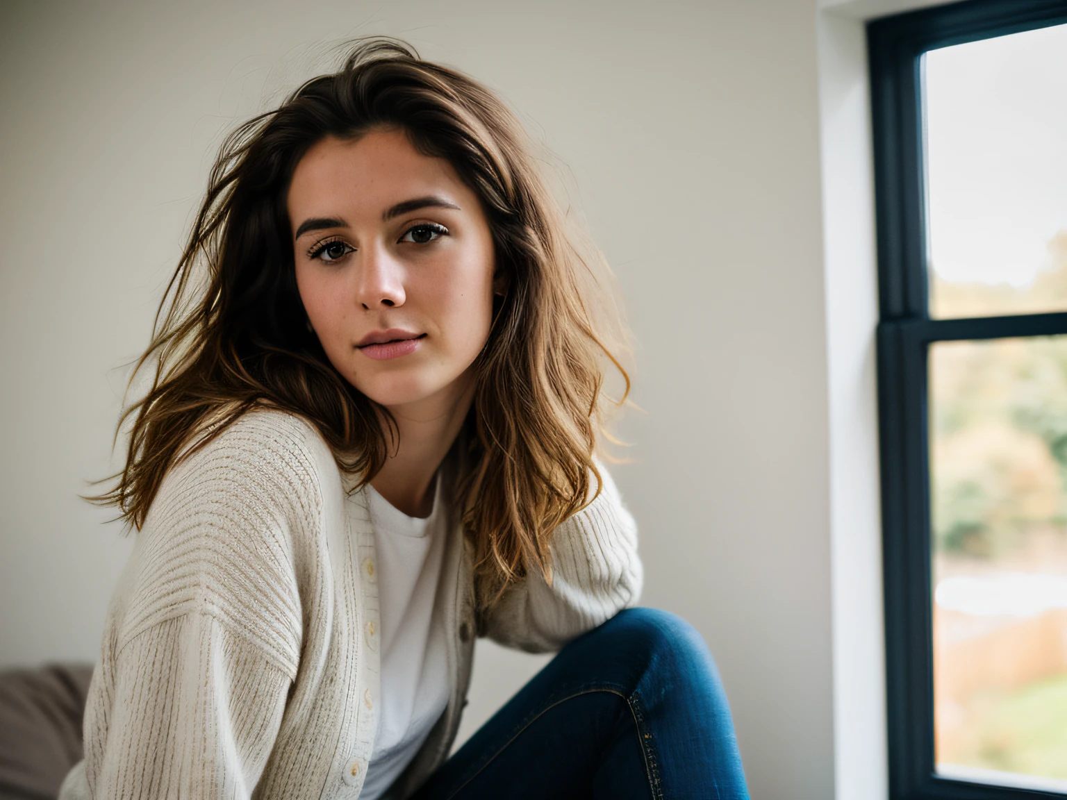 RAW photo, 24 year old Welsh woman, casual clothes, messy hair, slim build, at home, shallow depth of field, (high detail skin: 1.2), 8k uhd, DSLR, soft light, high quality, film grain, 20mp, Fuji XT3 , 80mm, Hasselblad