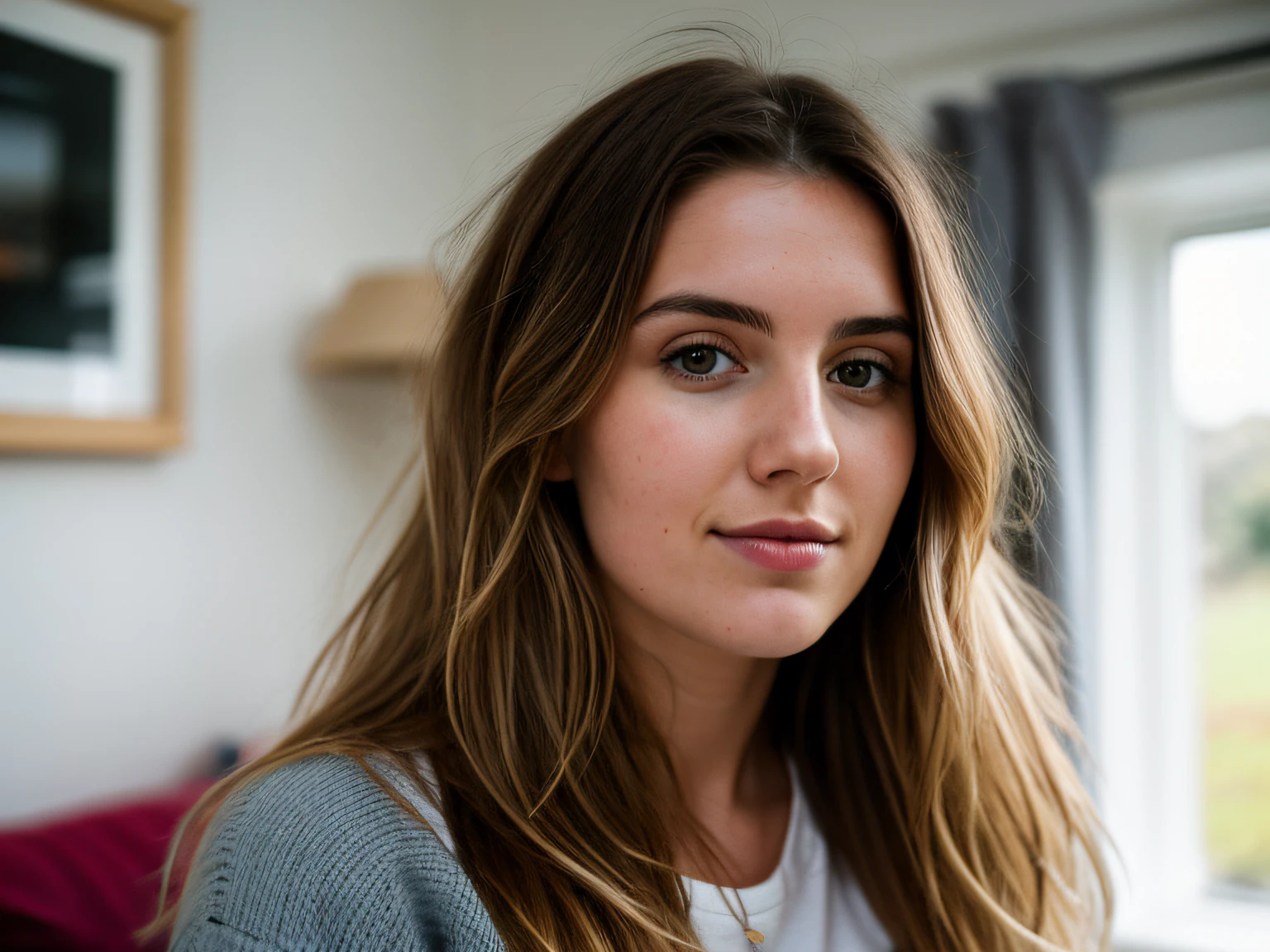 RAW photo, 24 year old Welsh woman, casual clothes, messy hair, slim build, at home, shallow depth of field, (high detail skin: 1.2), 8k uhd, DSLR, soft light, high quality, film grain, 20mp, Fuji XT3 , 80mm, Hasselblad