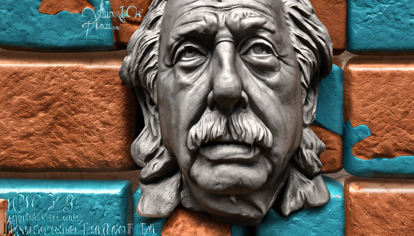 Prompt:criar um retrato de Albert einstein, olhar escultura, cobre oxidado, turquesa e argila, baixo relevo, White Marble, Escultura romana e grega, azul escuro, fundo quadrado liso e limpo, straight head, erigir, imagens orientalistas, folhas de argila no fundo - Imagem