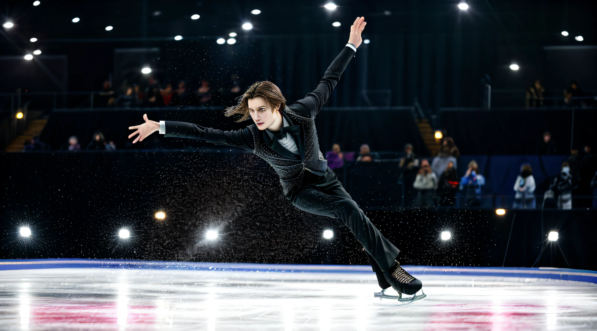Arafeld figure skating on an ice rink in a black suit, daniil kudriavtsev, dmitry prozorov style, Danila Tkachenko, alexey gurylev, andrea savchenko, anton fedeev, ilya kuvishinov style, professional master piece, photo from the olympic games, andrei ryabovichev