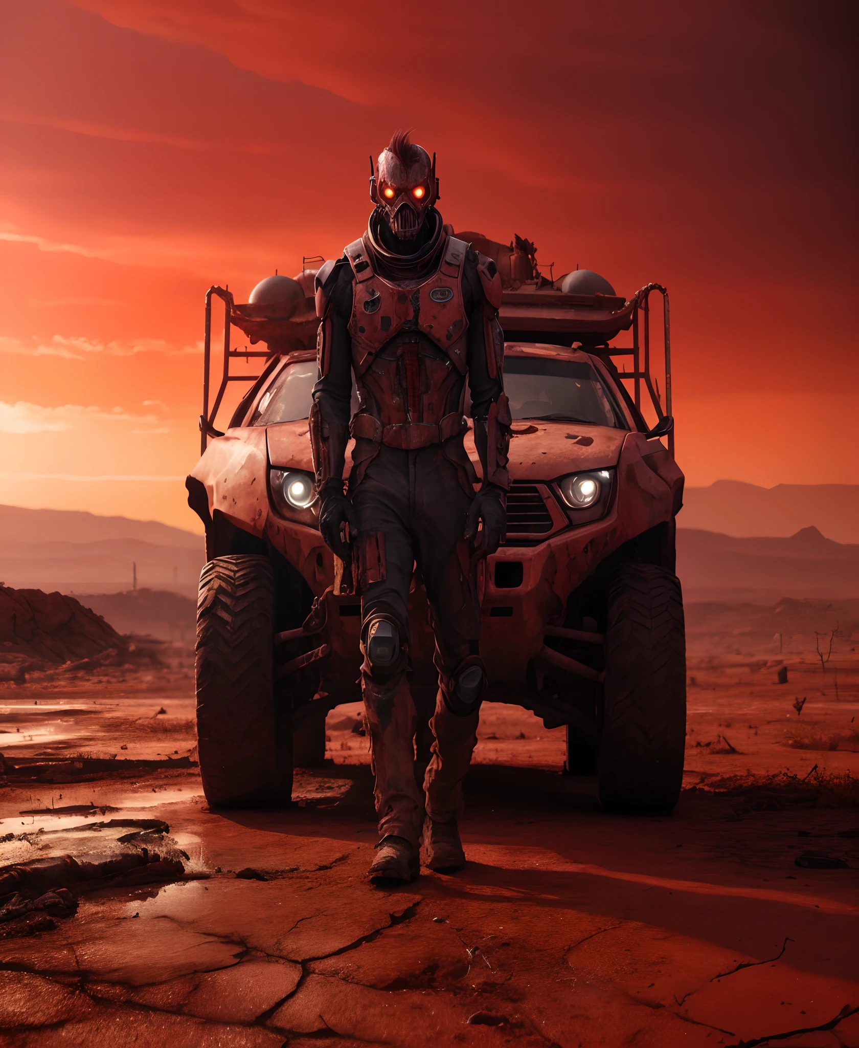 In a post-apocalyptic wasteland, the mind-bending meatloaf entity cyborg stands against a blood-red sky, its form a blend of twisted metal and grotesque flesh, a symbol of technological corruption. The environment is a barren desert, with cracked earth and shattered remnants of civilization scattered around. The atmosphere is suffused with a sense of dread and hopelessness, as if the world itself is on the brink of collapse. The style is a dramatic digital painting, using bo
, ((detailed face and eyes)),