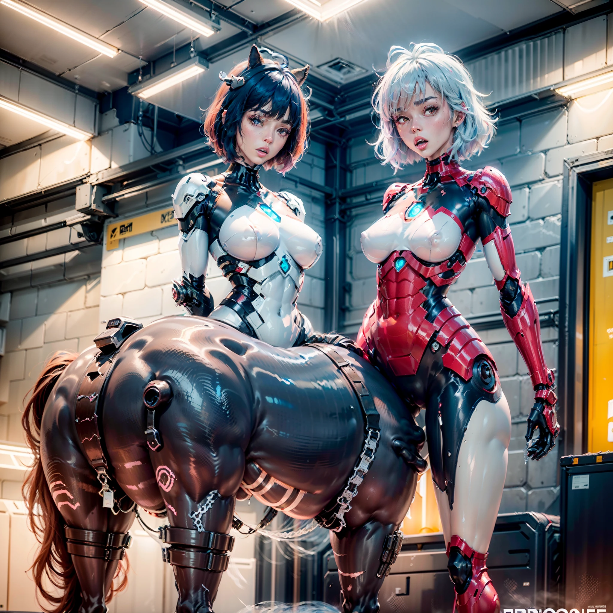 (A female centaur:1.5),She is both(Female: Centaur, half human, half horse, half horse, half horse:1.5),It is also a female Yingzhao。She blends both images,The first is:((The head of the horse/neck/Shoulder these parts,Replaced with a beautiful female human upper body):9.9),'s(Female, half-centaur, half-human, half-horse, half-human:1.5),The second is:((The head of the horse/neck/lower back/hason/gluteal/Shijo Thigh Female Embodiment):9.9),'s(Seamless chimera of a female half-horse with a beauty:9.9),(It's like a chimera of a female human and a half-horse costume:9.9),This chimerism is based on a strong future(Technologie:1.5)above。The ultra-wide-angle lens captures the image of her beautiful and ethereal wings on the ionosphere launching a super-high-speed charge and leaping。Her front half is distinctly feminine,Tall sexy body,possessed(K cup giant coconut tit chest:9.9),Has(Narrowed small brute waist 5.5)、Butterfly cross、(Long legs:9.9),The embedded interface of the bent female metamorphosis part of the back half of the body is at the hip position of the front half of the body。(The horse-shaped, half-horse torso form of her back body is completely female humanization9.9)。Translucent fluid flowing from the(Narrowed sternum 5.5)The upper end begins to embed the chest cavity of a woman in the shape of a bent dog style at the back of the beautiful woman's body/lower back/Ventral transverse。Then there are the sexy beauty's upright hips,(Her entire body has been completely female and replaced by a female body:9.9),Including the half-horse part。Mechanized armor covers the legs with knee-shaped anti-joints and feet,And these parts are highly anthropomorphic,This makes her legs graceful and slender,Her four horse legs exploded in length proportions and was slender and toned,Under the legs are skinny white feet dressed in Skyscraper Heels,Use Midjourney's advanced stroke tools and color palettes, as well as texture packs, model packs, and texture tools,Concentration,Include