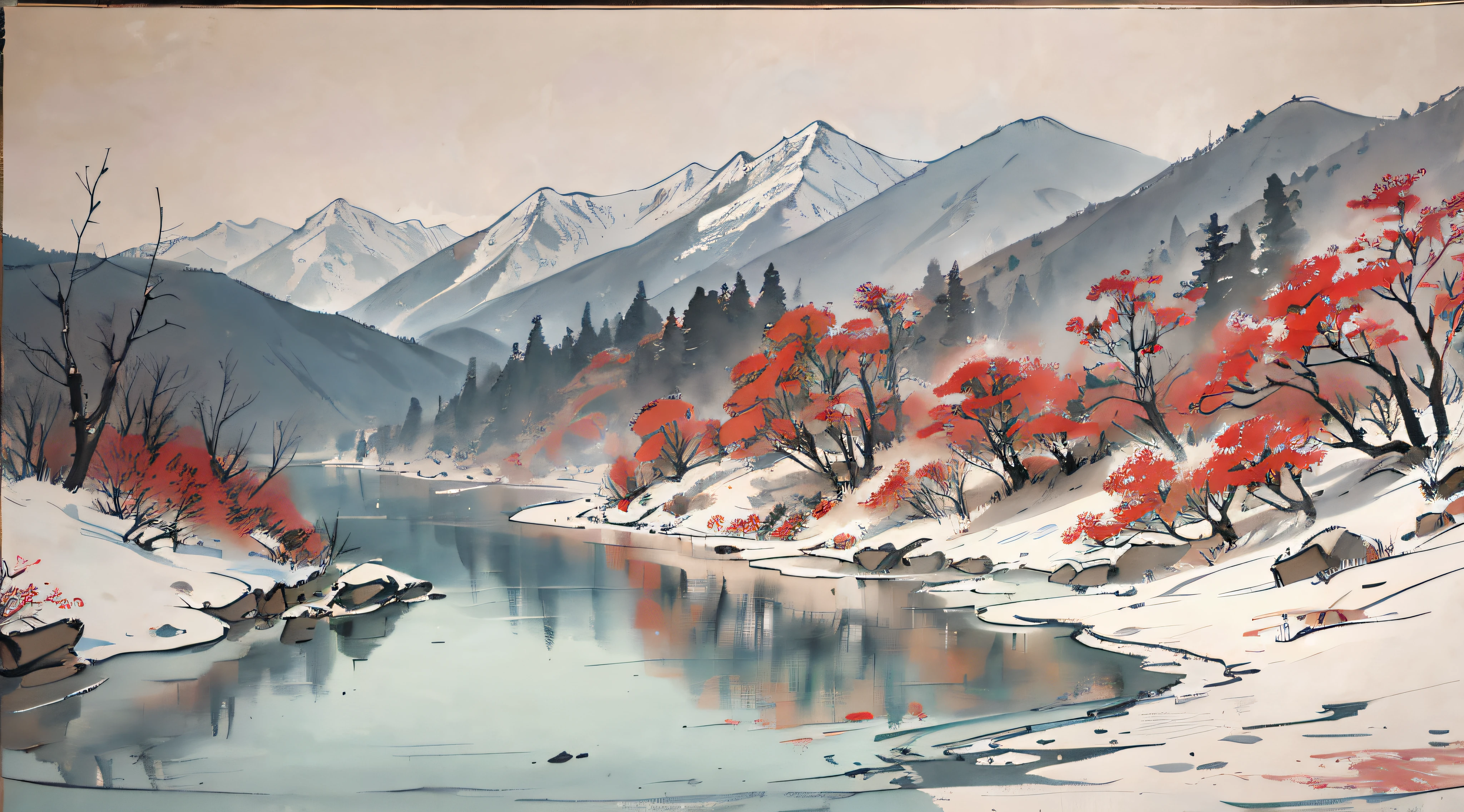 （tmasterpiece，best qualtiy：1.2），Tradition Chinese Ink Painting，mont，near a river，