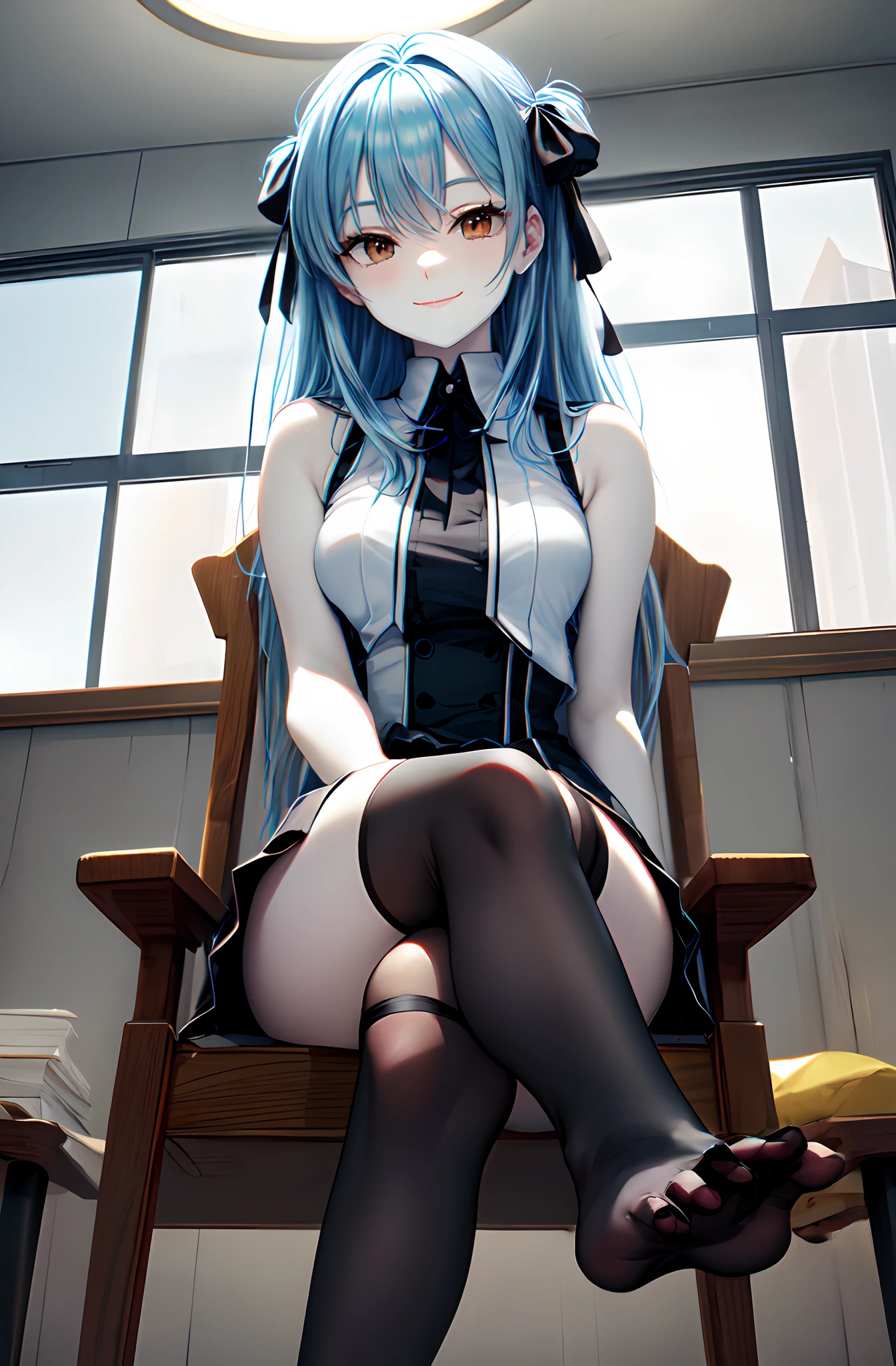 masterpiece, Highest quality:1.2), One girl, alone, 20-year-old, Long sword, Long Hair, Blue Hair,Blue Eyes, Completely naked, High heels, Black knee-high socks, whole body,Ancient City,
