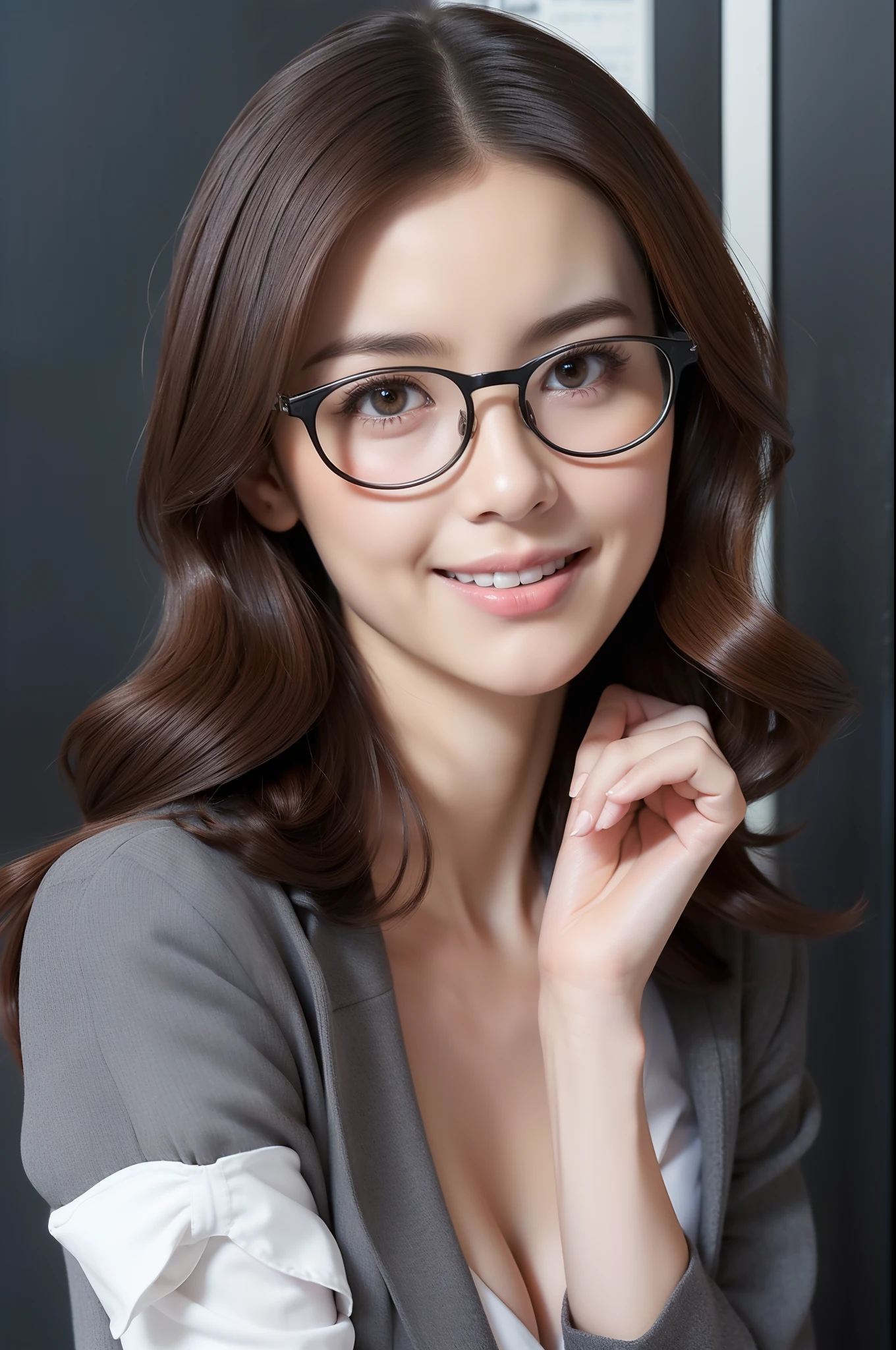((female teacher 、Classroom Pulpit、In front of the blackboard、Dark gray suit、a miniskirt、White blouses、Accentuate cleavage with a slouch、Red-rimmed glasses、Suck the index finger of the right hand、Wavy brown hair、bending forward、A slight smil))top-quality、masterpiece、超A high resolution、(Photorealsitic:1.5)、1girl in、Shoulder、enticing、looking in camera、Colossal tits