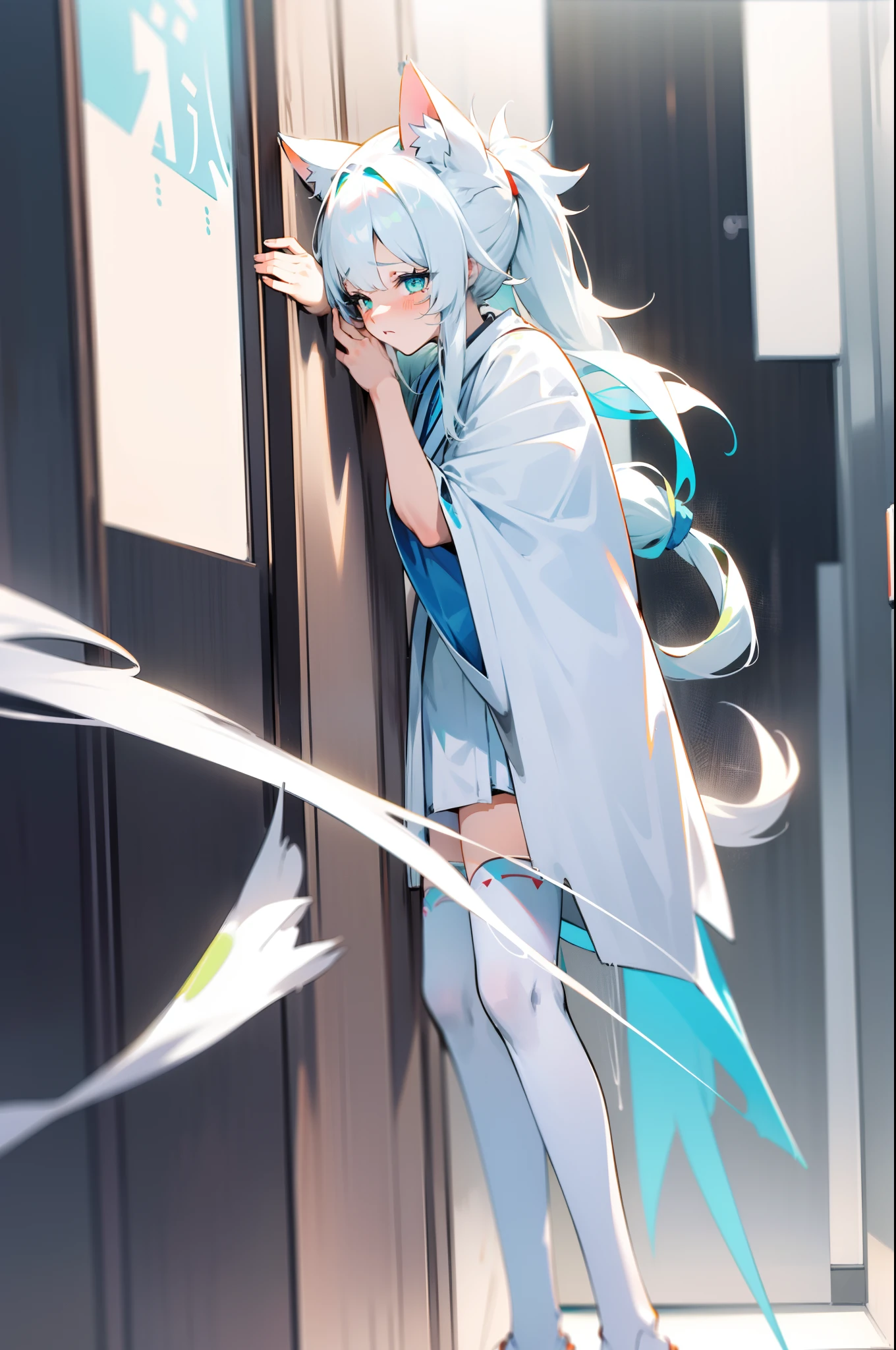 Need，tmasterpiece，Beautiful girl，White，cat ear，long white robe，quadratic element，Flowing and messy white hair，Hairline，horse tailed，Beautiful and delicate cyan eyes，Ray traching，Lateral face，white stockings，grievance，weeping