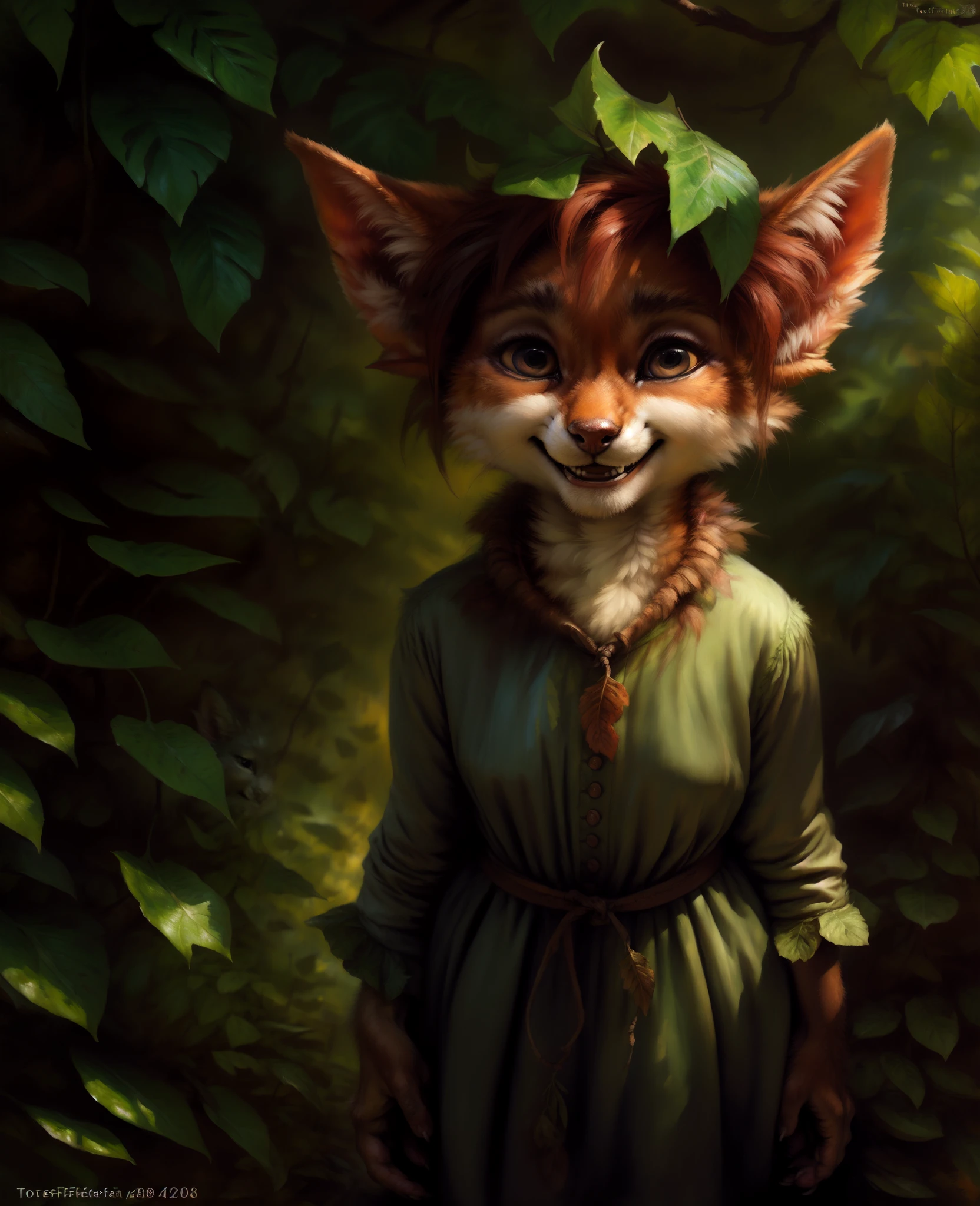 by kenket, by totesfleisch8, (by thebigslick, by silverfox5213:0.8), (by syuro:0.2), elora furry, detailed and extremely fluffy body fur, fluff, masterpiece, looking up beautiful surroundings, detailed background, happy, leaf-dress, full body