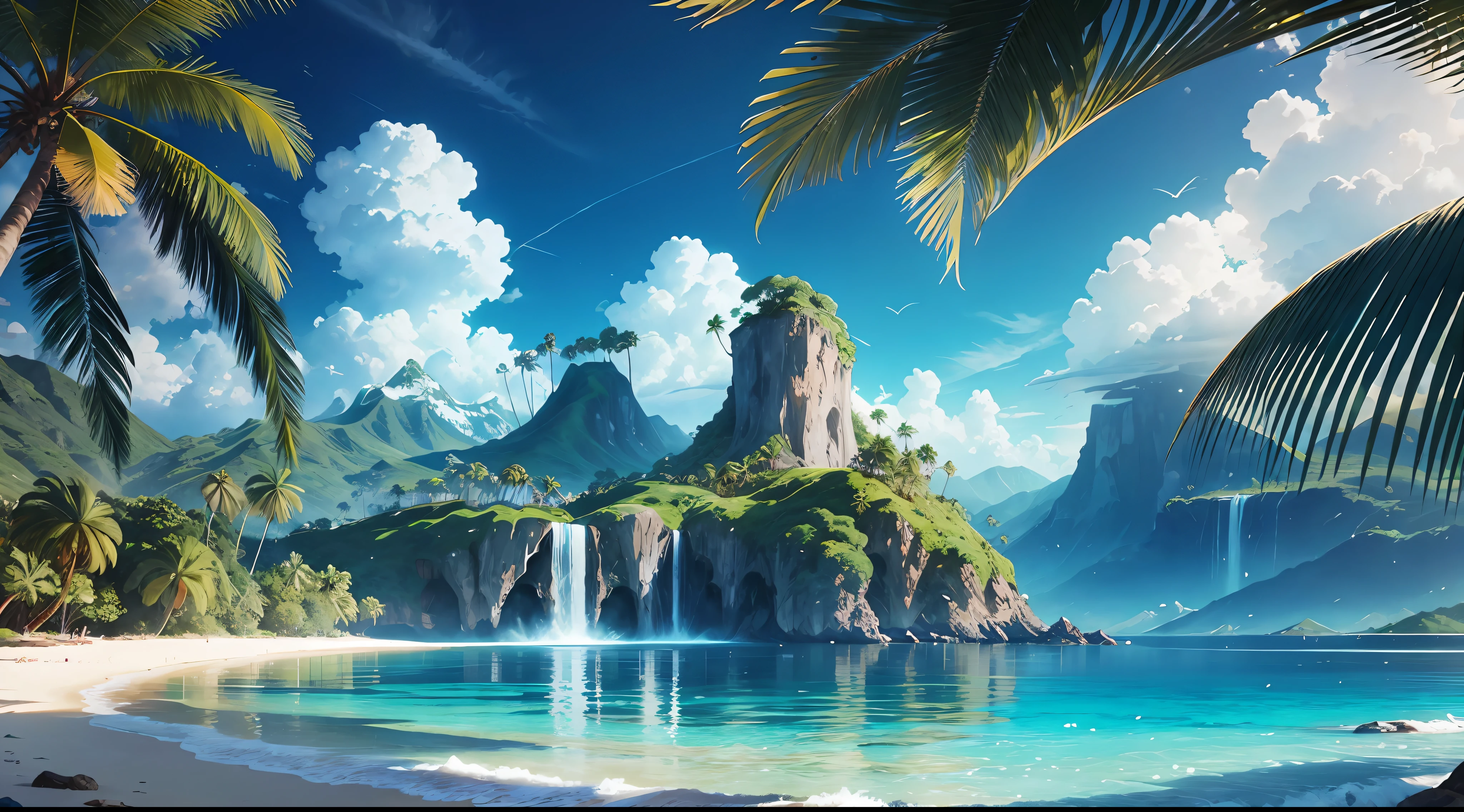 Summer, clear beach, tropical paradise, waterfalls, vibrant flora, islands, big clouds, palm trees, blue sky, warm weather, HD detail, hyper-detail, cinematic, surrealism, soft light, bokeh deep field focus, distant snowy mountains, ray tracing and surrealism. --v6