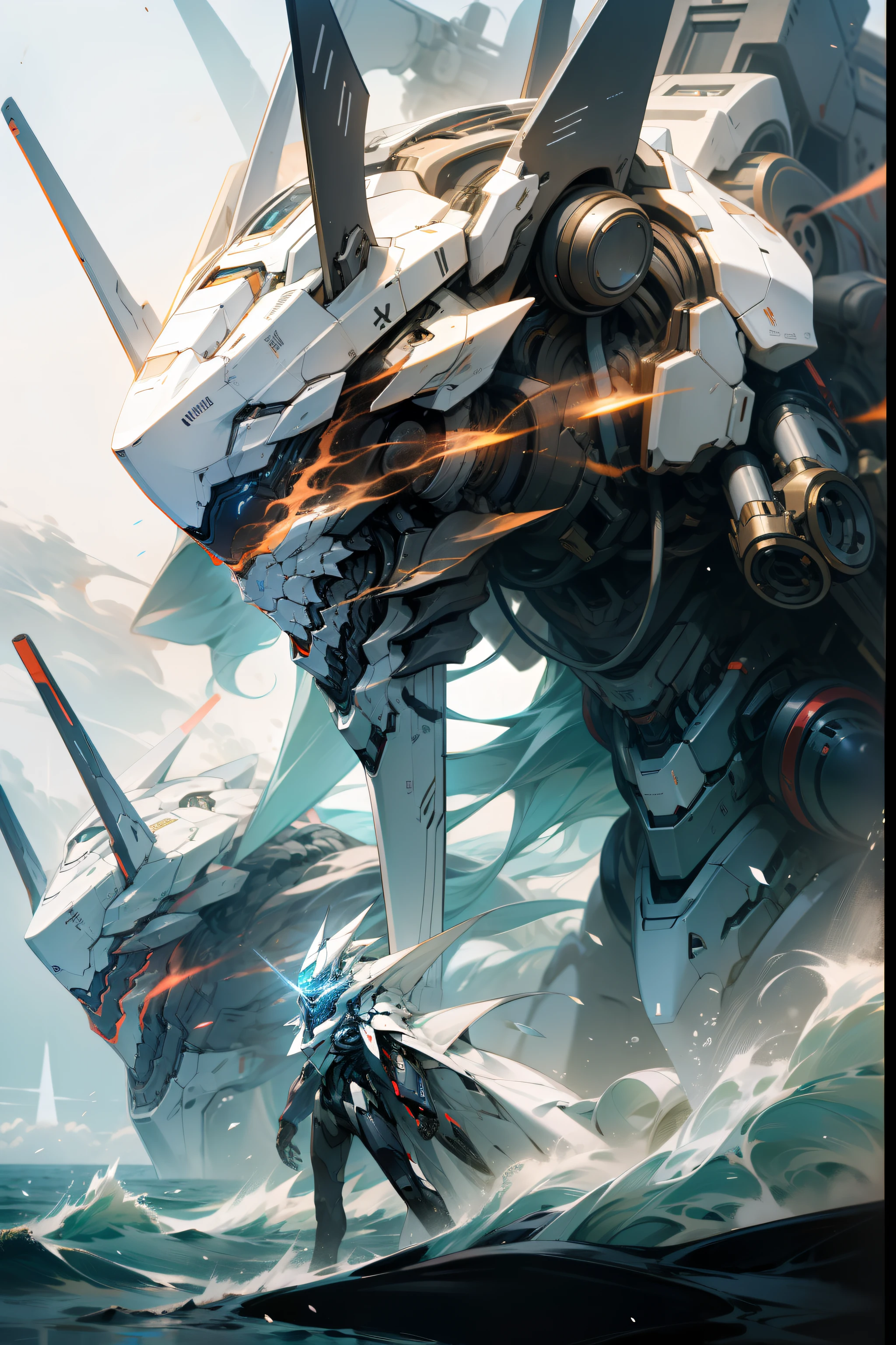 white color mecha，Mechanical only，Elegance，Noble，A sense of mystery，classical，the ocean，abyssal