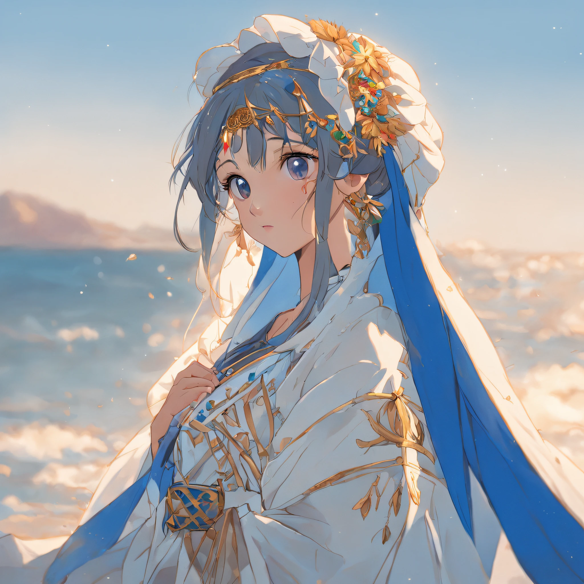 with high cheekbones, almond-shaped eyes, a straight nose, full lips, and olive skin, wearing a traditional white dress with intricate embroidery, a blue and white sash adorned with the Greek flag, and a gold headpiece with delicate floral motifs, standing in front of the deep blue waters of the Aegean Sea, front view, ultra-realistic, hyper-detailed, digital photograph, with soft natural light, 50mm lens, f1.8 aperture.