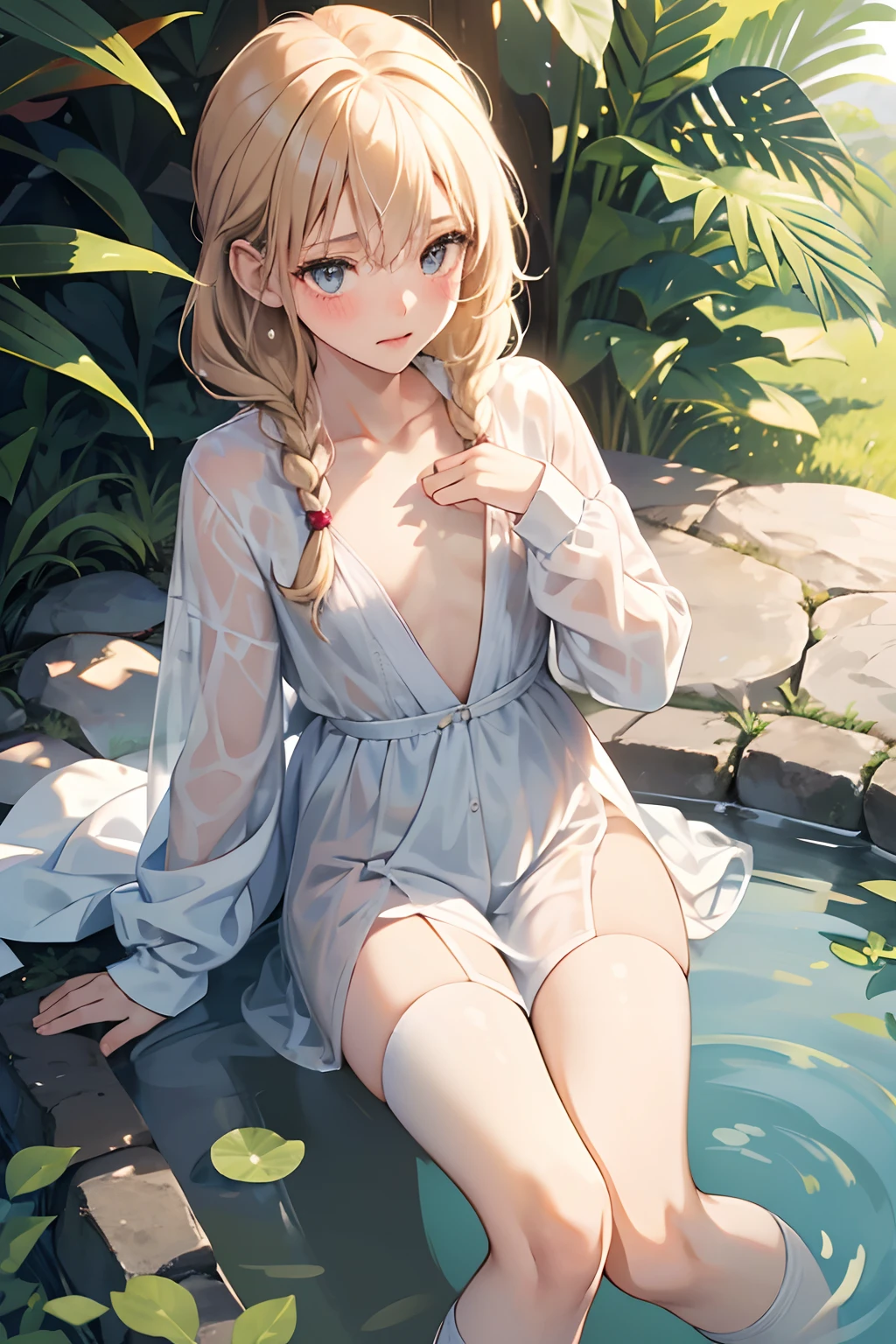 Best quality, hyper HD, Highest high resolution, Very detailed,anime, ((small breast)), full bodyesbian, Slender, Very cute, Young face, 13 year old girl, Ultra-small bikini, cleanness, Open, Vaginal Opening Visible, vaginal launch, Minola,, White liquid, Make a pig of oneself, The woman lay down, legs are open, Bare knees, Raised Legs, Braids, White clothes, Knee socks, Semi-undressing, Wet clothes, thin skin clothes, Clothing visible at the tip of the chest, Sweat, The tip protrudes from the clothes, (Small chest:1.5), Embarrassed, Blush, Show off, cleavage,Mouth open,Slightly fatter,ssee-through