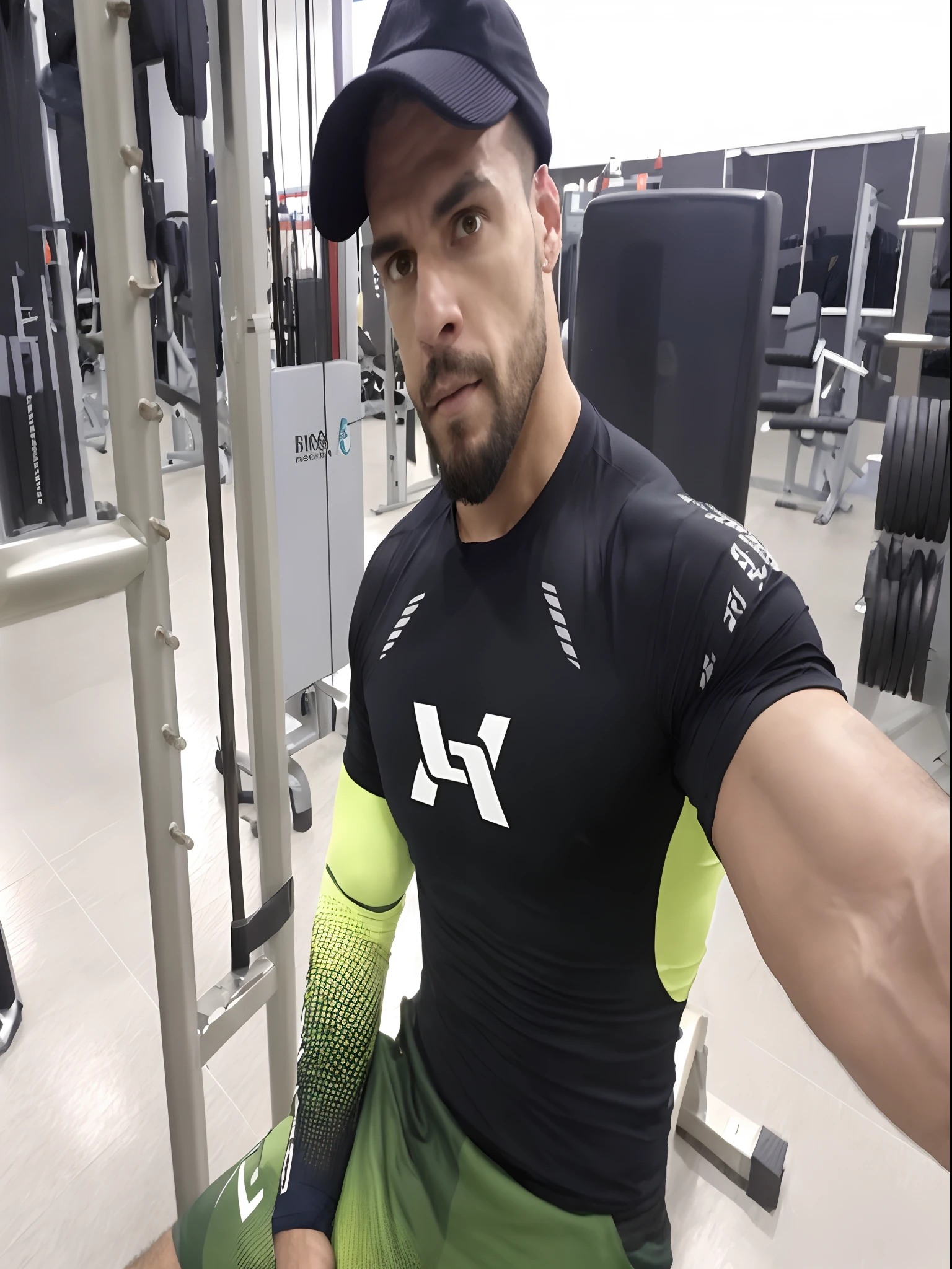Homem de camisa preta e bermuda verde sentado em uma academia, Corpo de Ernest Khalimov, andres rios, foto fit, em uma academia, usando equipamento de fitness, IFBB Corpo Fitness, Alex Flores, damian kryzwonos, varredura de alta qualidade, Fisiculturista Ernest Khalimov, Meio Corpo, Carlos Huante, Cristiano Orrillo, Arauto Ortega