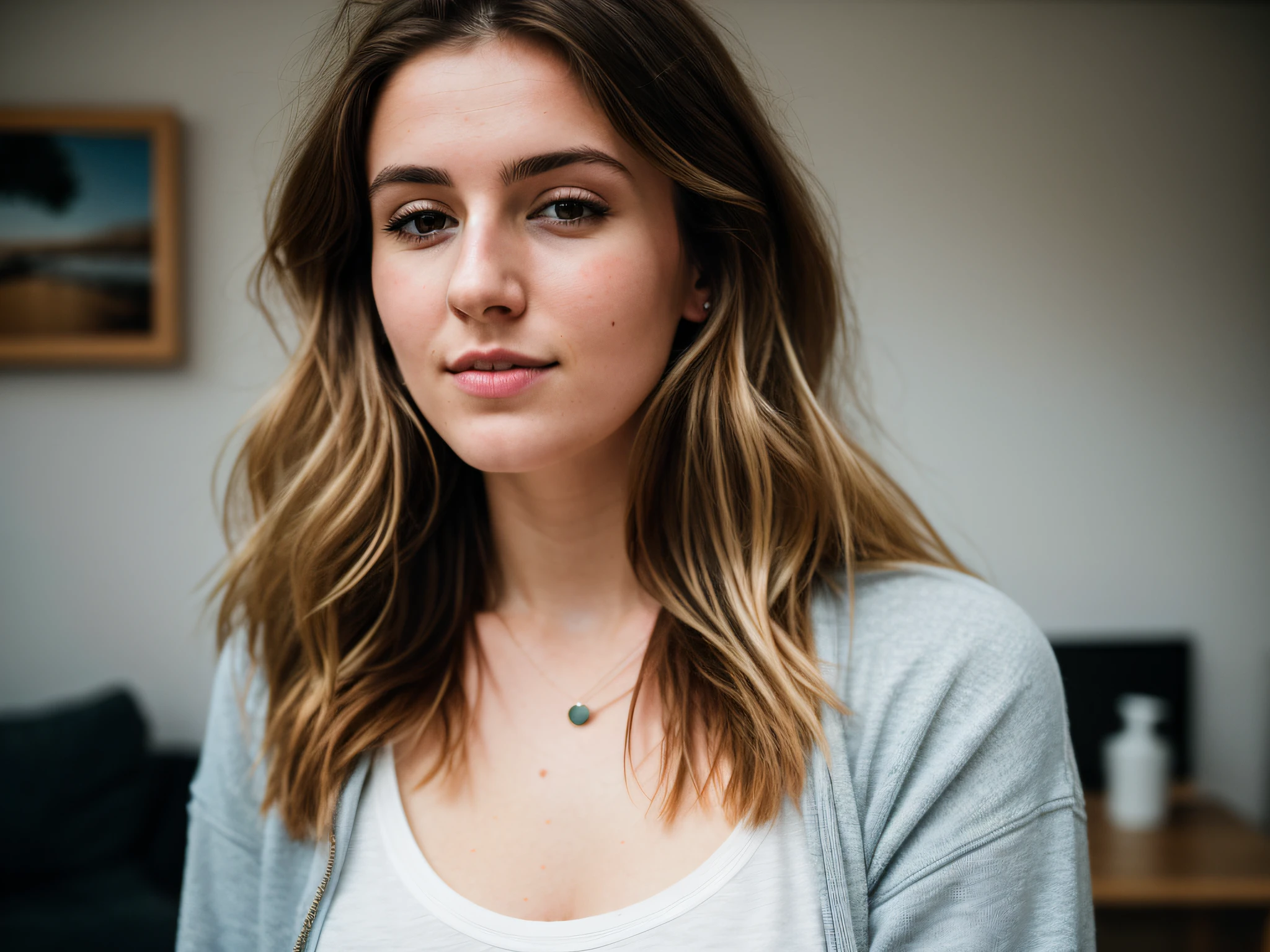 RAW photo, 24 year old Welsh woman, casual clothes, messy hair, slim build, at home, shallow depth of field, (high detail skin: 1.2), 8k uhd, DSLR, soft light, high quality, film grain, 20mp, Fuji XT3 , 80mm, Hasselblad