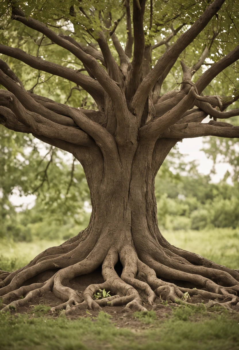 Create an image of a stylized tree with deep roots, Solid trunk and lush leaves. At the roots, Put symbols of the chakras, representing the connection with the earth and the vital energies.