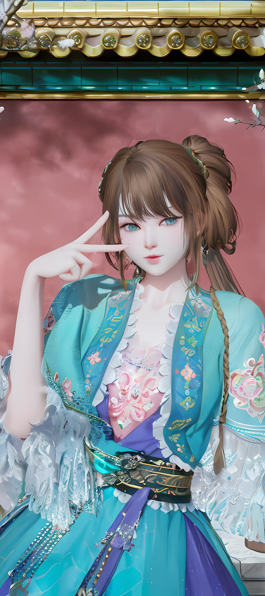 (Best quality , masterpiece , intricate details , detailed eyes, detailed face, highest quality, highres), there is a woman in a blue dress sitting on a bench, palace, a girl in hanfu, guweiz, inspired by Ma Yuanyu, artwork in the style of guweiz, inspired by Lan Ying, inspired by Sim Sa-jeong, inspired by Huang Ji, kawaii realistic portrait, inspired by Pu Hua, render of april, highly detailed character