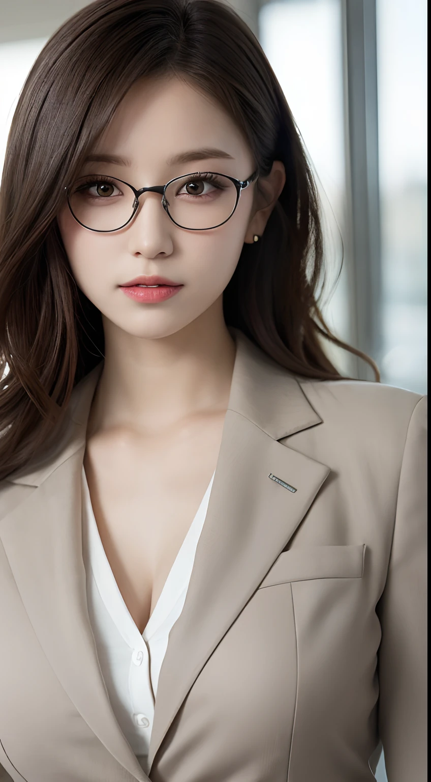 masutepiece, Best Quality, Illustration, Ultra-detailed, finely detail, hight resolution, 8K Wallpaper, Perfect dynamic composition, Beautiful detailed eyes, Business Suit, Natural Lip, Big breasts, Natural hair, Glasses
