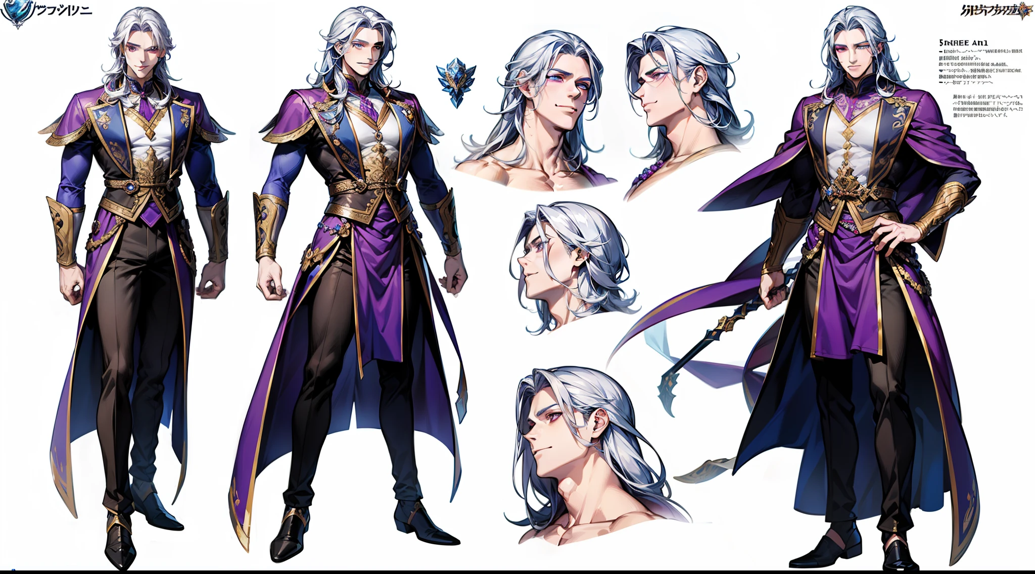 ((masterpiece)),(((best quality))),(character design sheet,same character,front,side,back), Reference sheet of a cute muscle male, long white hair, purple eyes, smiling, handsome face, ice fantasy outfit, muscle perfects body, athletic body, purple rose as accessory, handsome man, detailed handsome face, detailed hair, (simple background, white background: 1.3) ((REFERENCEART, REFERENCE SHEET, MULTIPLE VIEWS)), male, muscular male, abs