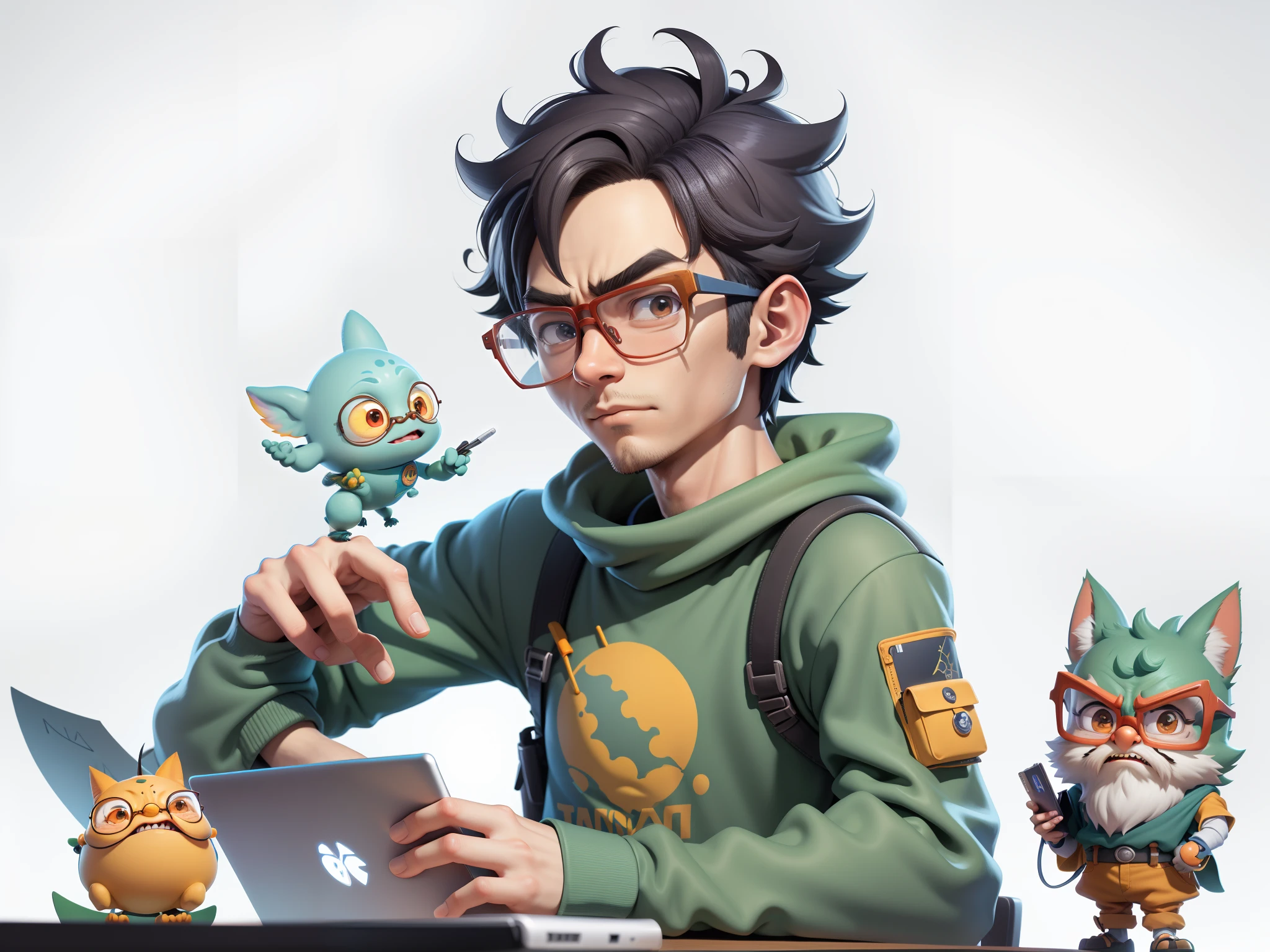 A young man with glasses sits at his desk,holding laptop,digitial painting,3D character design by Mark Clairen and Pixar and Hayao Miyazaki and Akira Toriyama,4K HD illustration,Very detailed facial features and cartoon-style visuals。