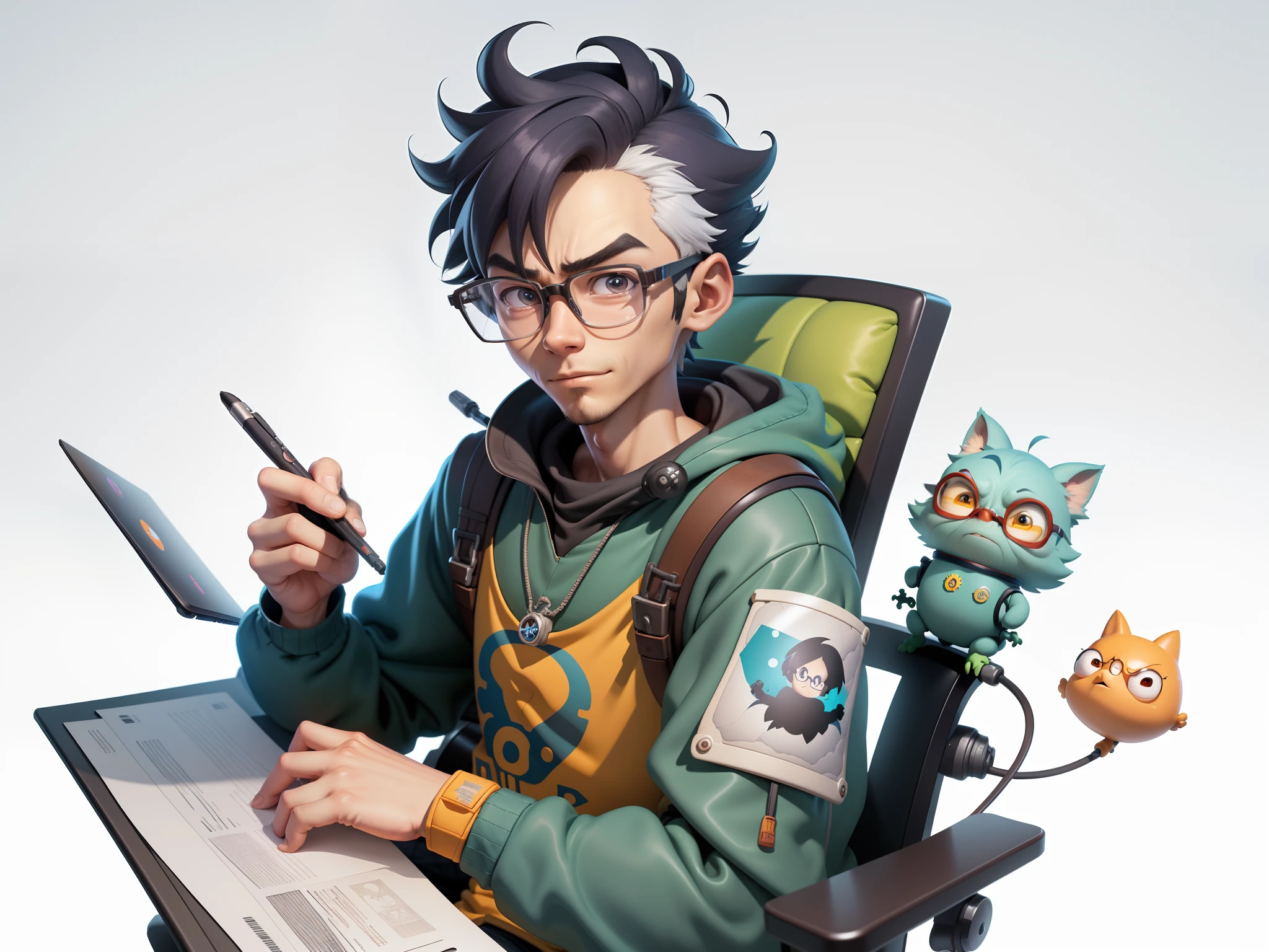 A young man with glasses sits at his desk，holding laptop，digitial painting，3D character design by Mark Clairen and Pixar and Hayao Miyazaki and Akira Toriyama，4K HD illustration，Very detailed facial features and cartoon-style visuals。