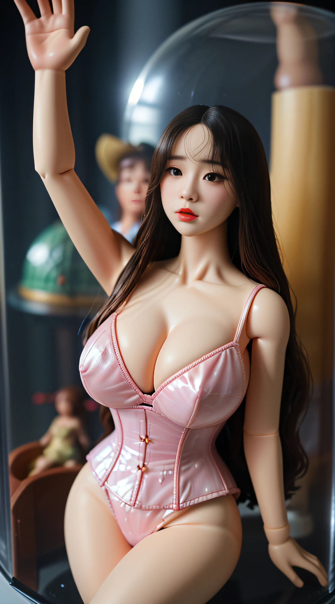 On the desk、(((1/Size 10))、(((Elaborate figurines in a domed glass case)))、10Realistic doll about the size of a cm、angry looking face,BDSM,Slave,rubber,Black corset,shackle,((top-quality、8K、masterpiece:1.3))、Crisp focus:1.2、(layers-Cut、tits out:1.2),Beautiful woman with perfect body shape:1.4、Slender Abs:1.2、Highly detailed facial and skin texture、A detailed eye、二重まぶた,Longhaire、(1mPhotos that were away)