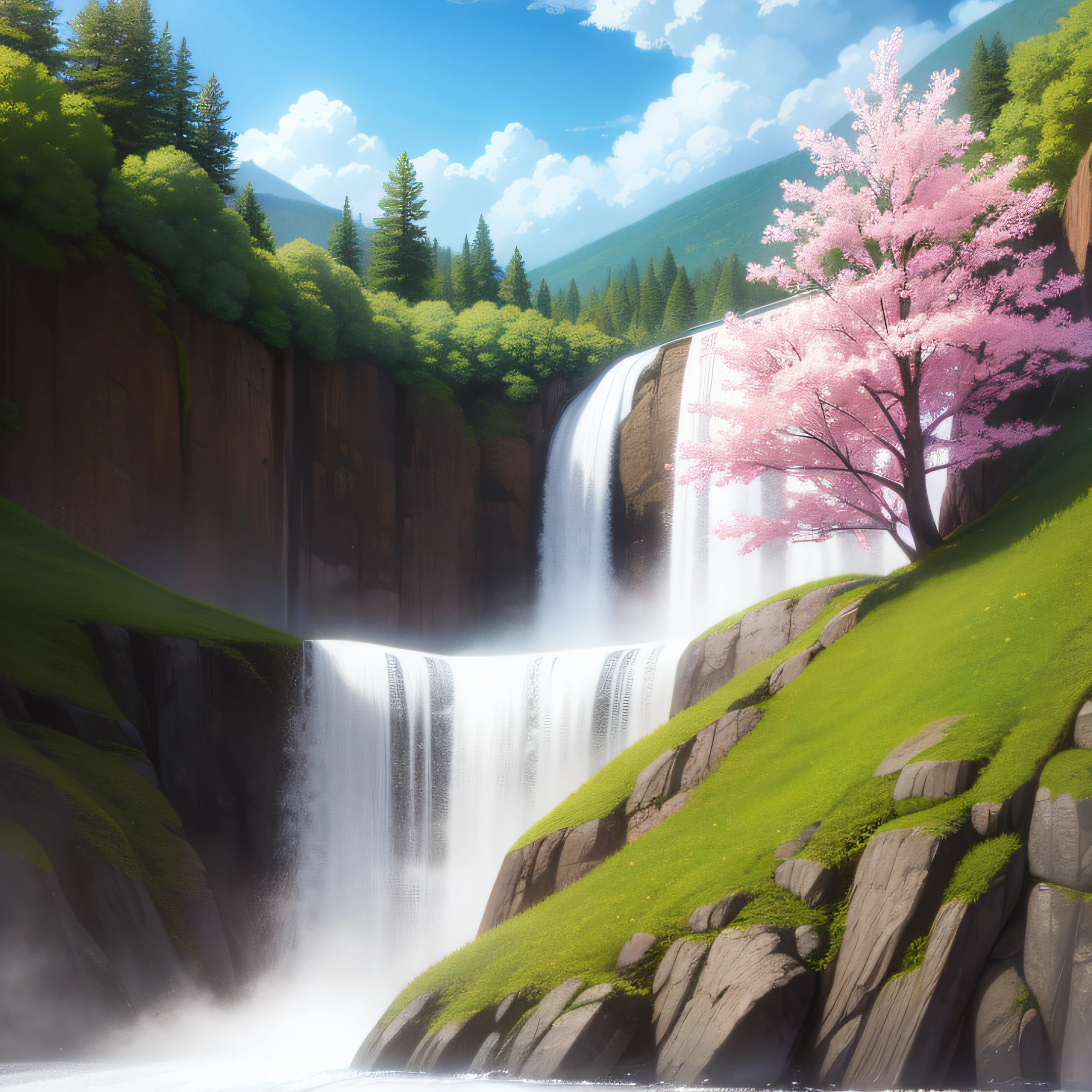 "pink trees surrounding a waterfall"