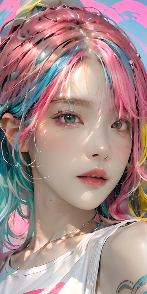 Photorealistic, High resolution, Soft light,1womanl, Solo, hips up high, glistning skin, (Detailed face),The tattoo, Jewelry, (rainbow color Hair,Colorful hair,Half blue and half pink hair:1.2), White T-shirt
Coming soon