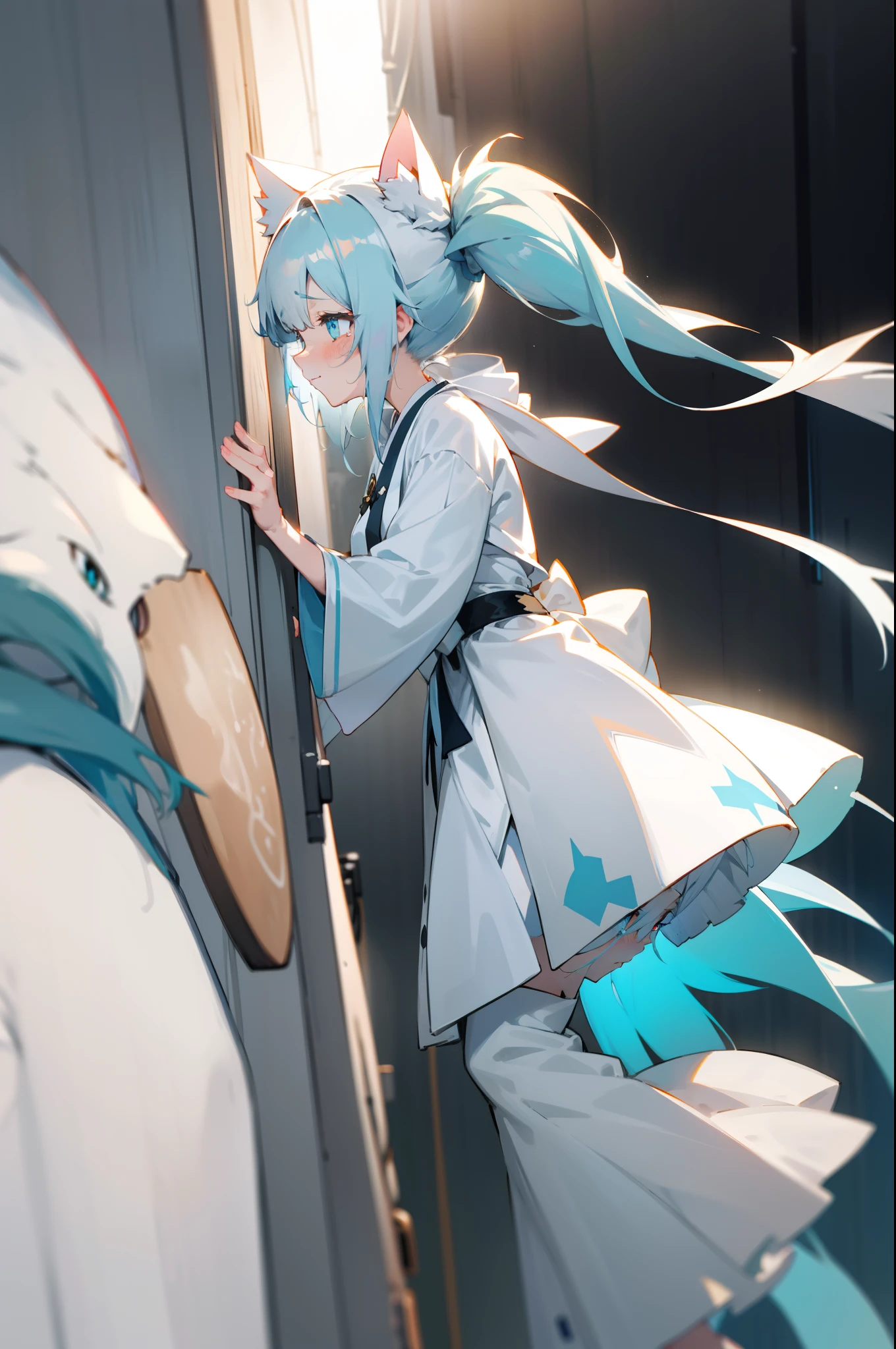 Need,tmasterpiece,Beautiful girl,White,cat ear,long white robe,quadratic element,Flowing and messy white hair,Hairline,horse tailed,Beautiful and delicate cyan eyes,Ray traching,Lateral face,white stockings,grievance,weeping,Tears crossed his face