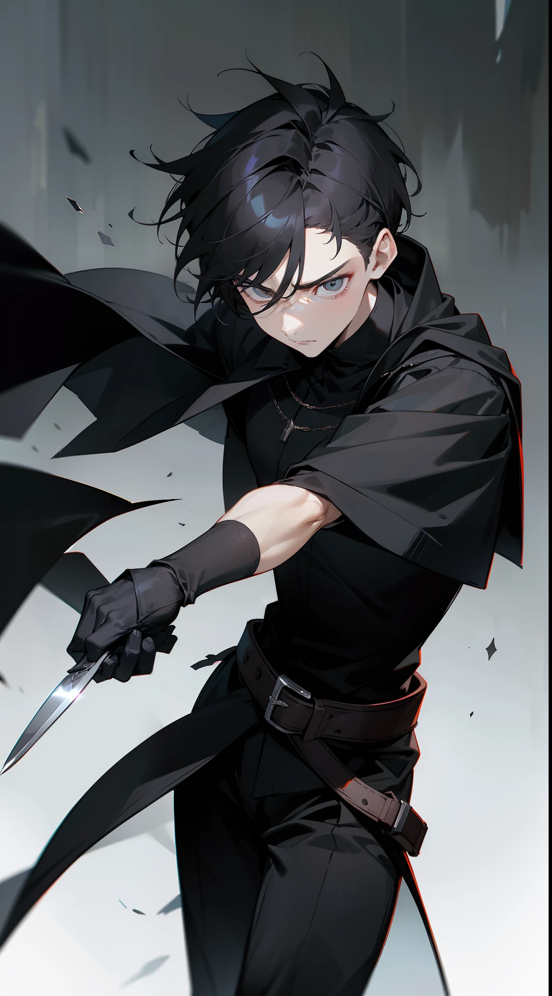 A young man's face with sharp grey eyes and a serious expression, short dark hair falling over his forehead. He wears dark clothes and holds a knife close to his face, poised to strike. Medieval dark background.