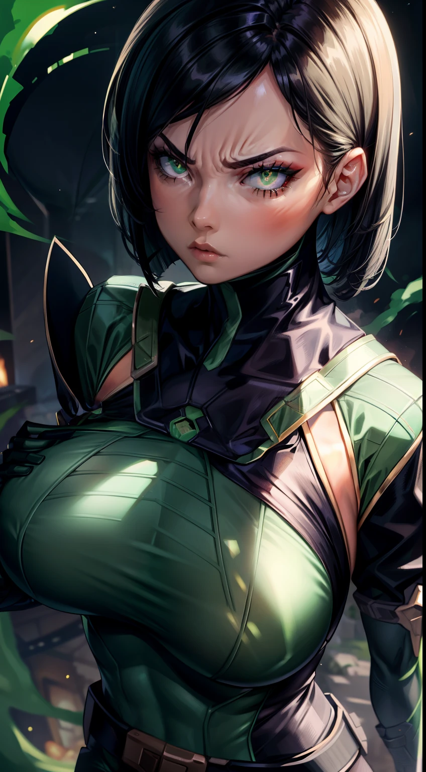 Masterpiece, Best quality,look from down，Facing the screen，《Fearless viper》, tightsuit, mitts, belt, thigh boots, respirator, view the viewer, face, Portrait, Close-up, Super close，Red-faced，Glowing eyes, green smoke, Black background,huge tit，Raised chest，Close-up of chest，oversized boobs，chest focus，Woman in a swimsuit，angry look，Extremely erotic figure，Staring angrily at the screen，Facing the screen，High-gloss dark style