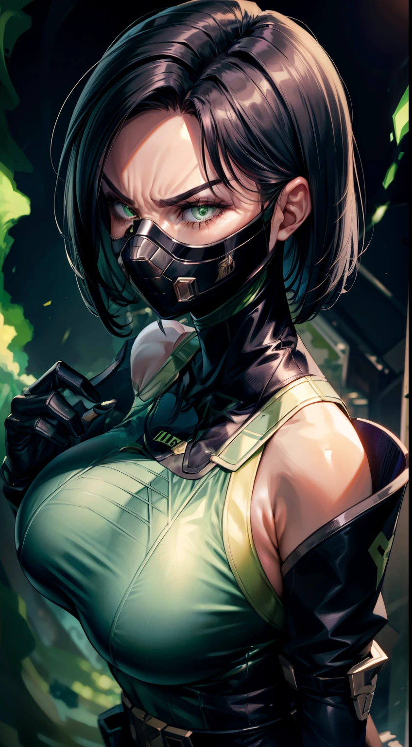 Masterpiece, Best quality,look from down，Facing the screen，《Fearless viper》, tightsuit, mitts, belt, thigh boots, respirator, view the viewer, face, Portrait, Close-up, Super close，Red-faced，Glowing eyes, green smoke, Black background,huge tit，Raised chest，Close-up of chest，oversized boobs，chest focus，Woman in a swimsuit，angry look，Extremely erotic figure，Staring angrily at the screen，Facing the screen，High-gloss dark style