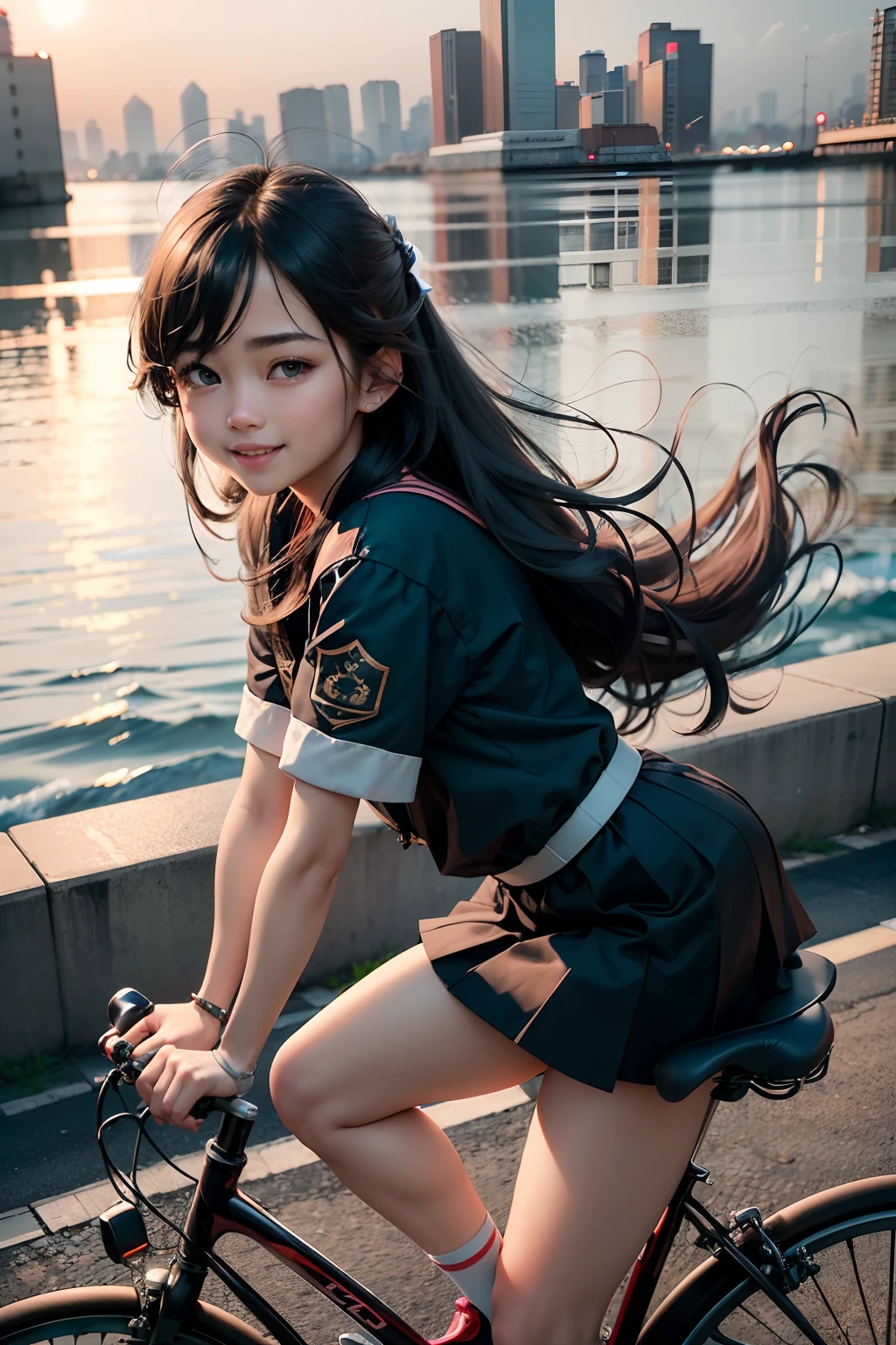 Raw photography, top-quality, masterpiece, extremely delicate and beautiful, ighly detailed, nffsw, Unity, 8K Picture Wallpaper, amazingly detail, detaile, masterpiece, top-quality, Official art, Highly detailed ticker Unity 8k wallpaper, ultra-detailliert, hight resolution, ighly detailed, Clair, Focus, (top-quality), (realisitic, Photorealsitic:1.5), 8K, Soft lighting, hightquality, lighting like a movie, 1girl in、Full body like、High school students、Black sailor suit、Black skirt、very, Very long black hair、Girl Pedaling a Bicycle、Raise your left arm while pedaling towards your bike、Left hand raised vertically、Raise your left arm to the viewer、Tram to the right、Driving a tram while turning right of a girl、Girl has a big smile、Angelic smile、The location is the port city of Yokohama、Tram in the background、