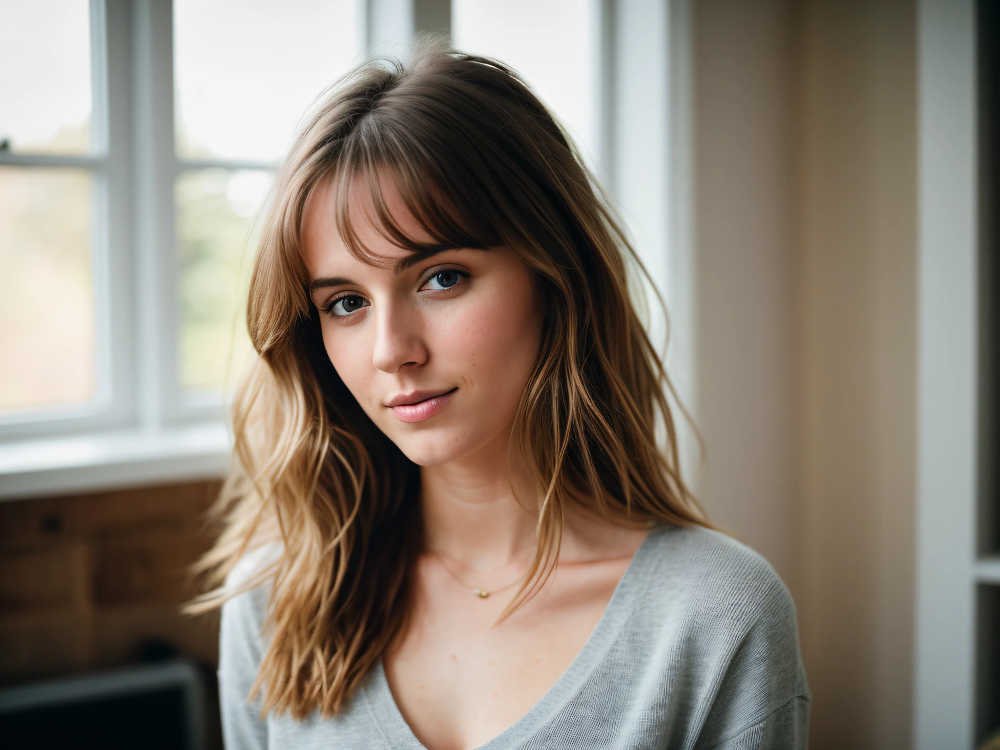 RAW photo, 24 year old Welsh woman, casual clothes, messy hair, slim build, at home, shallow depth of field, (high detail skin: 1.2), 8k uhd, DSLR, soft light, high quality, film grain, 20mp, Fuji XT3 , 80mm, Hasselblad