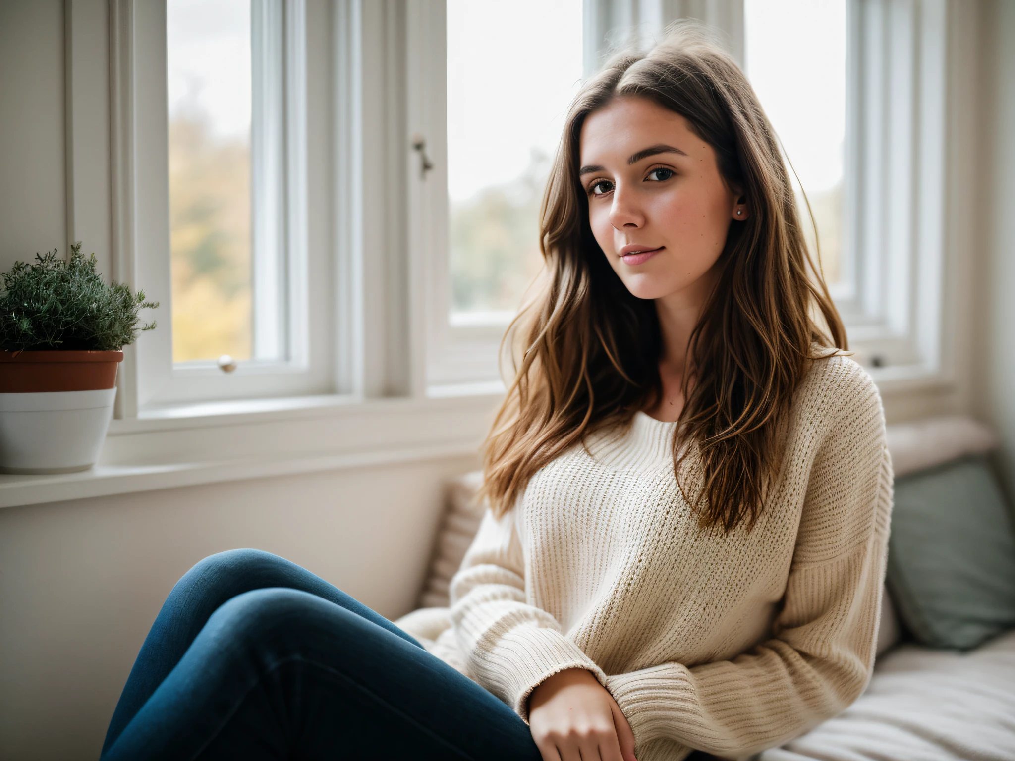 RAW photo, 24 year old Welsh woman, casual clothes, messy hair, slim build, at home, shallow depth of field, (high detail skin: 1.2), 8k uhd, DSLR, soft light, high quality, film grain, 20mp, Fuji XT3 , 80mm, Hasselblad