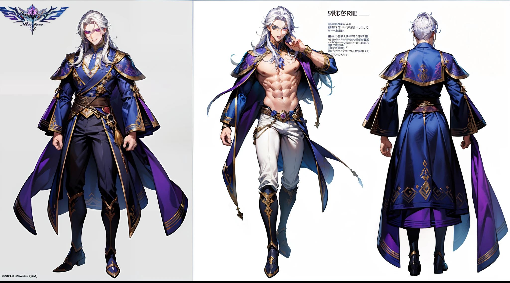 ((masterpiece)),(((best quality))),(character design sheet,same character,front,side,back), Reference sheet of a cute muscle male, long white hair, purple eyes, smiling, handsome face, ice fantasy outfit, muscle perfects body, athletic body, purple rose as accessory, handsome man, detailed handsome face, detailed hair, (simple background, white background: 1.3) ((REFERENCEART, REFERENCE SHEET, MULTIPLE VIEWS)), male, muscular male, abs