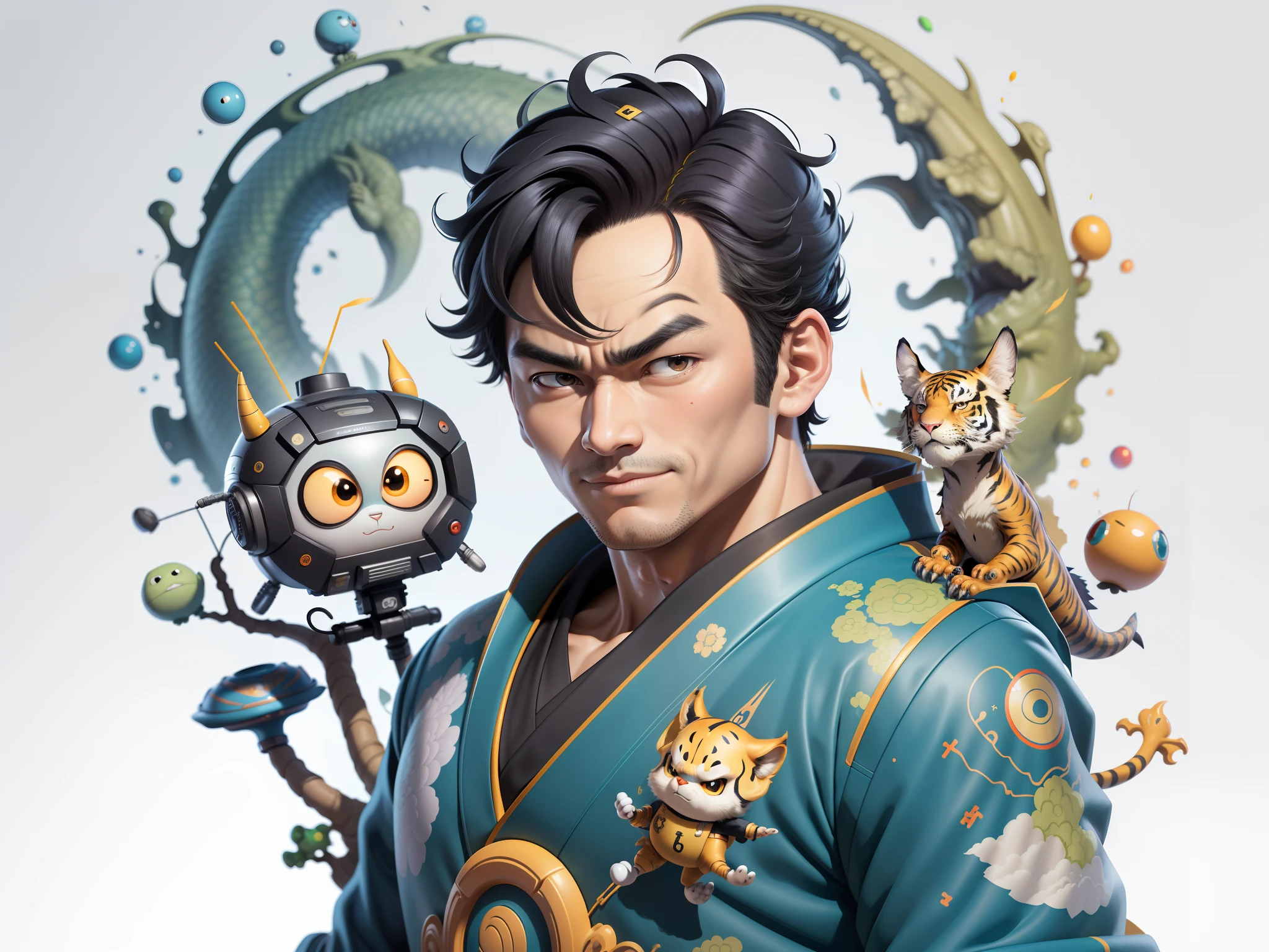 (Masterpiece), (Excellent), (Super Meticulous), (Full Body: 1.2), Super Young Man, Oriental Face, Japanese Kimono, Japanese Wind Thunder God, Dragon, Tiger, TV Anchor, Bust Portrait Illustration, Alone, Black Suit, Blue Tie, Slightly Chubby Face, Very Clean Face, No Beard, Black Super Short Hair, Black Eyes, Confident Smile, 3c Computer Sub-Products, iPad, iPhone, Digital Painting, 3D Character Design by Akira Toriyama and Mark Claireden and Pixar and Hayao Miyazaki, The illustration is a high-definition illustration in 4K resolution with very detailed facial features and cartoon-style visuals.