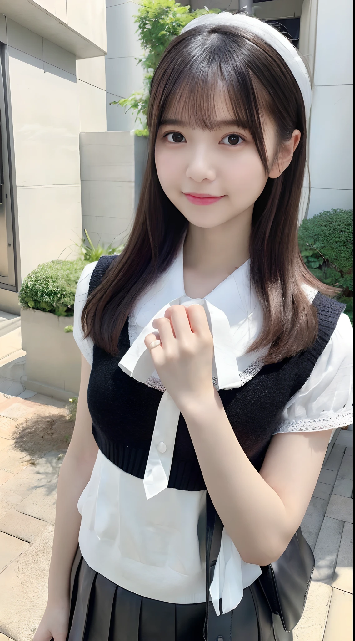 mix4, (8K, Raw photography, Top image quality, ​masterpiece: 1.45), (realisitic, Photorealsitic: 1.37), one girls, cute little, A city scape,, profetional lighting, photon maping, Radio City, physically-based renderingt, Gradient black hair,, a handsome, girl with, (((student clothes、Silk white blouse with short sleeves、Dark blue knitted vest、White Silk Mini Skirt、No red tie pattern、Black High Socks、Black Loafers Leather Shoes))), Top Quality Photos, hight resolution, 1080p, (clearface), (Detailed face description), (Detailed hand description), (​masterpiece), (Exquisite CG)、extreme light and shadows、dishevled hair、master work、abundant detail、(Fine facial features)、(top quality photo)、(masuter piece)、(A detailed eye)、Look in front of you、Fine clavicle、((Slender big))、((White beret)))、((Cute idol system))、((School Grounds))、(Shooting from random perspectives)、(((Anyway cute)))、耳Nipple Ring、A big smile、Drawing the whole body from the knees、Do not draw nasolabial folds、(((Holding a leather student bag in your hand)))、Big breasts that stand out from the top of clothes、Two legs、(((Standing Pose:1.2)))、bare hand、Hands out of the sleeves of blouses、