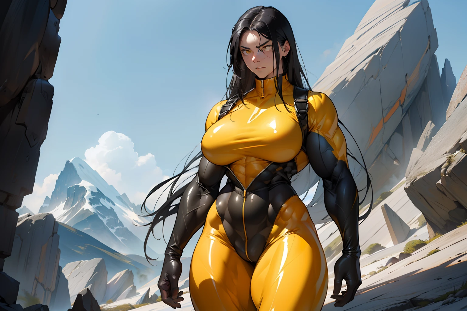 ((1girl)), black hair, (extremely long hair), yellow eyes, ((huge breasts)), ((thick thighs)), (solo), angry, (pale skin), sweaty, (shiny skin), ((((body suit)))), ((((((((muscular)))))))), (((wide hips))), mountain range background