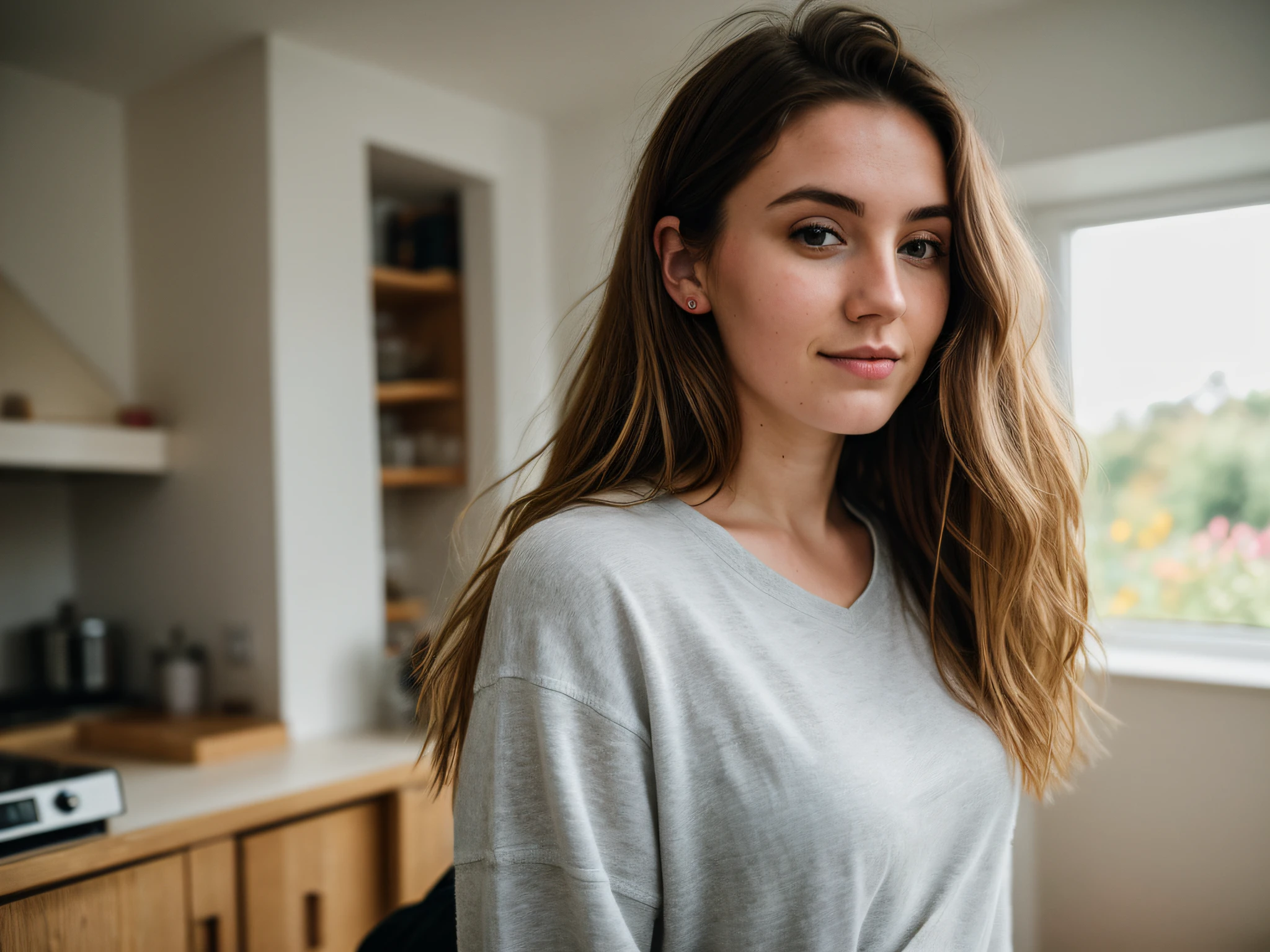 RAW photo, 24 year old Welsh woman, casual clothes, messy hair, slim build, at home, shallow depth of field, (high detail skin: 1.2), 8k uhd, DSLR, soft light, high quality, film grain, 20mp, Fuji XT3 , 80mm, Hasselblad