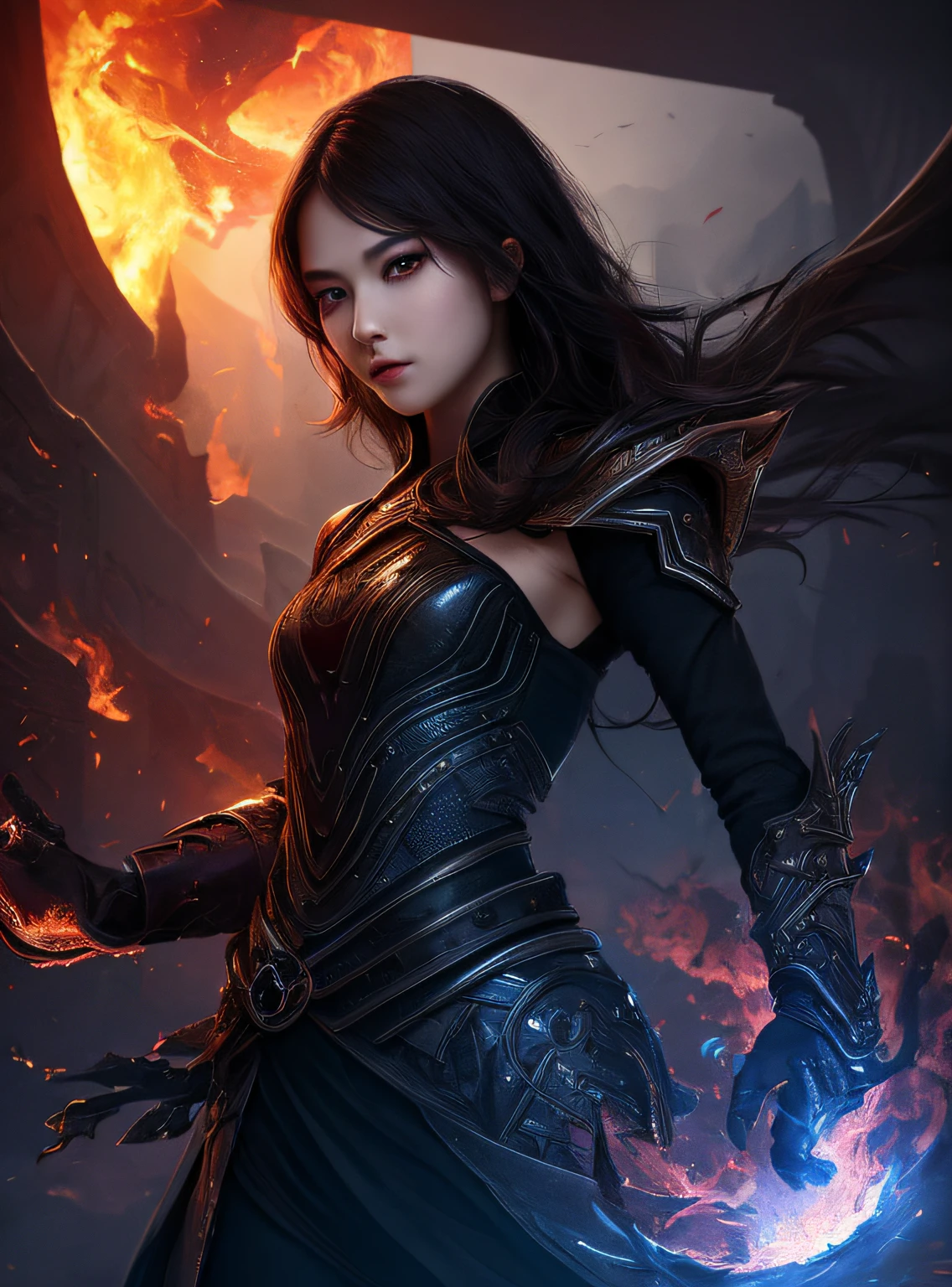 1girl,solo,masterpiece, best quality,fantasy,dark,shadow,
face is important,boy is important,eyes are important,rThe character is the main body of the work,(upper body),
flames,ruins, swirling magic,