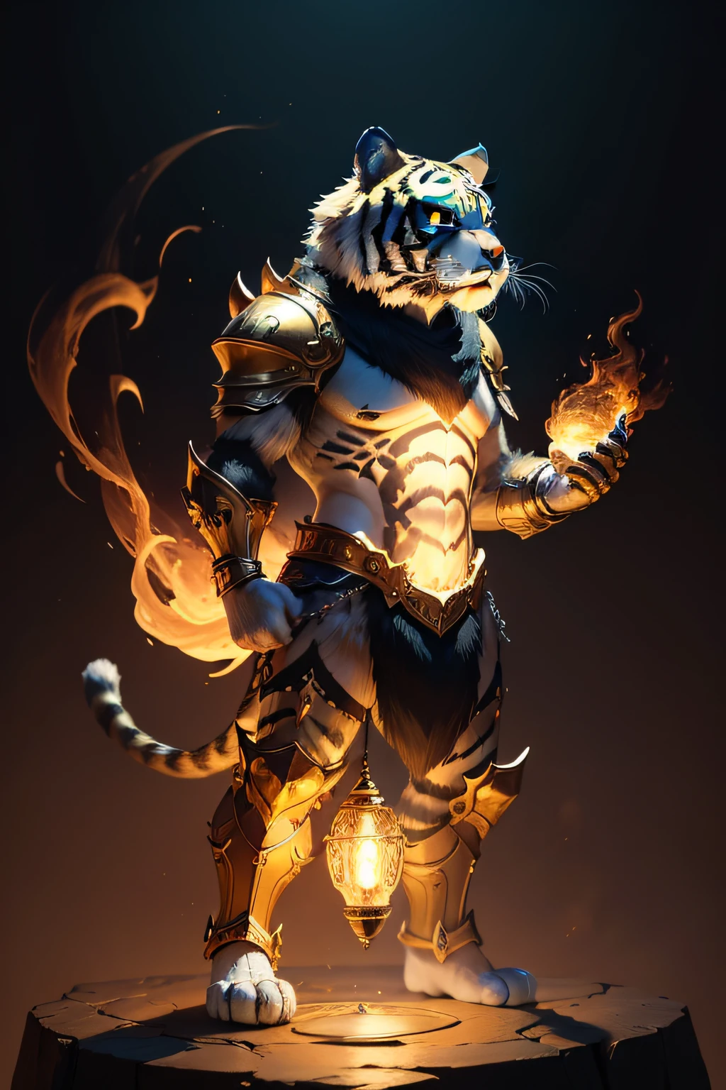 Cute tiger, Wizard image, standing on your feet, Two-hand fire electric lamp, Wearing gold and black armor, furry fantasy art, High detail, Cinematic lighting, god light, hyper HD, A high resolution