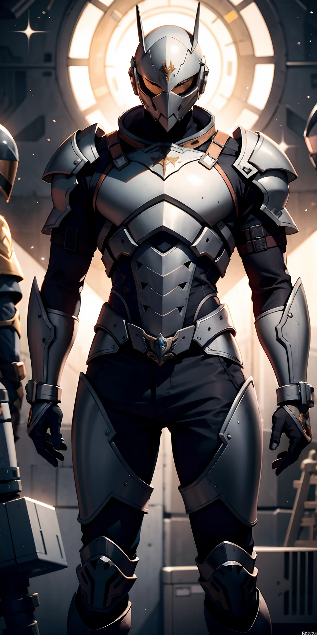 "homem com armadura de MacGaren em uma base espacial", armadura enferrujada:0.9, galaxy, foto profissional:1.3)