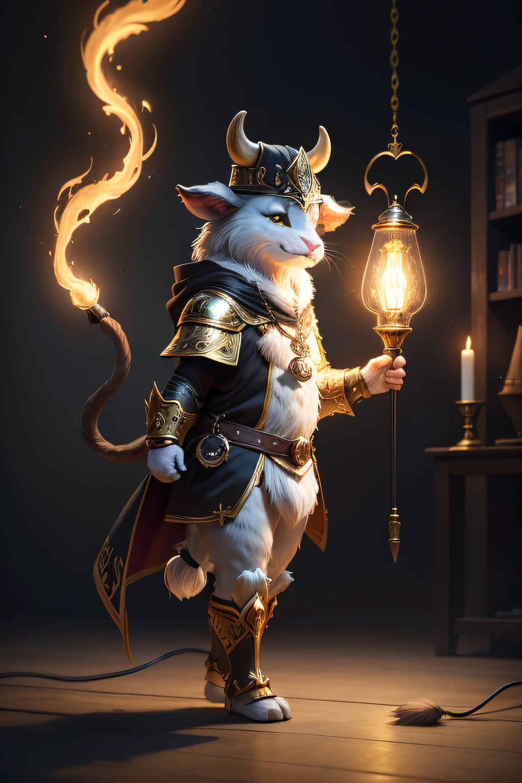 Cute old cow, Wizard image, standing on your feet, Two-hand fire electric lamp, Wearing gold and black armor, furry fantasy art, High detail, Cinematic lighting, god light, hyper HD, A high resolution