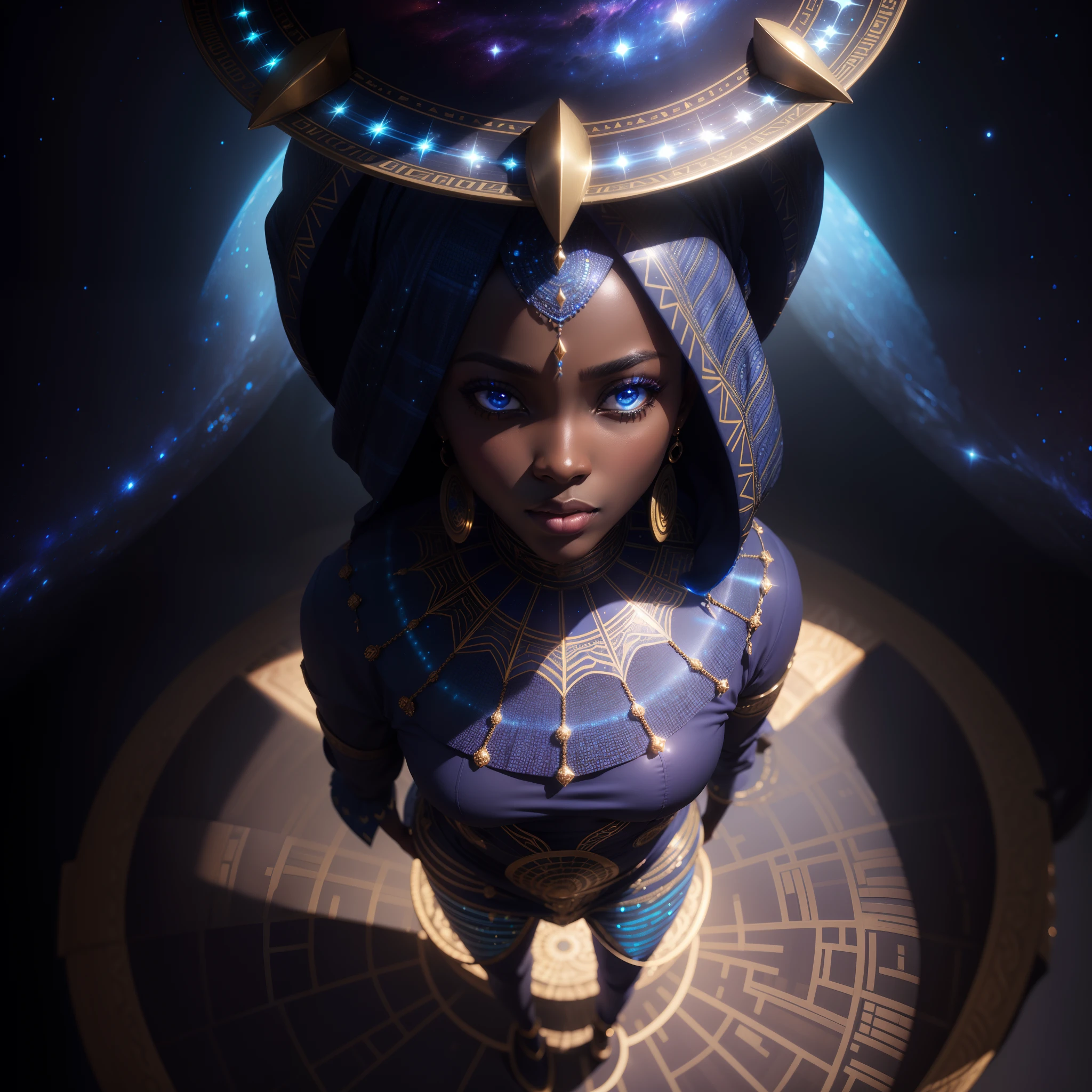 A beautiful African woman dressed in african design clothes standing in a dark room, black background with a blue cosmic spotlight from above shining on her, with iridescent light, highly detailed images, vibrant beautiful colours, photorealistic image, 8k, ultra HD, unreal engine rendered, cinematic lighting, artgerm style,