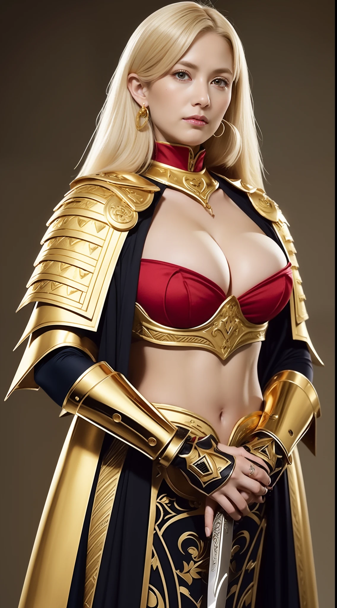 masterpiece,top-quality,higher rank,(female pervert_femele:1),(nudde:1.3), (35-year-old female warrior:1.3),、large full breasts,Very big breasts,Colossal tits,a navel,hyper realstic,Being on the battlefield of a medieval European city,deadpan,、British woman、Delicate skin texture with detail、Detailed red-black areola、Detailed red-black 、Detailed blue eyes、((Muchimuchi body shape))、(Very big big)、Middle-aged woman、(fluffy blonde long hair)、tanned skin of wheat color、(Blonde pubic hair)、Very big big、European Female Warrior、Large cleavage、Gorgeously decorated gold armor、Witches in the Middle Ages、highleg、Long gold boots with fancy decorations、Large open neckline、Gold and jewelry luxury necklace and collar、Large gold earrings、bright red lips、Long gloves with fancy decorated gold armor、He has a big and long sword、The sword has a fancy ornament、The blade of the sword is jet black、(Female Warrior)、(battle field)、