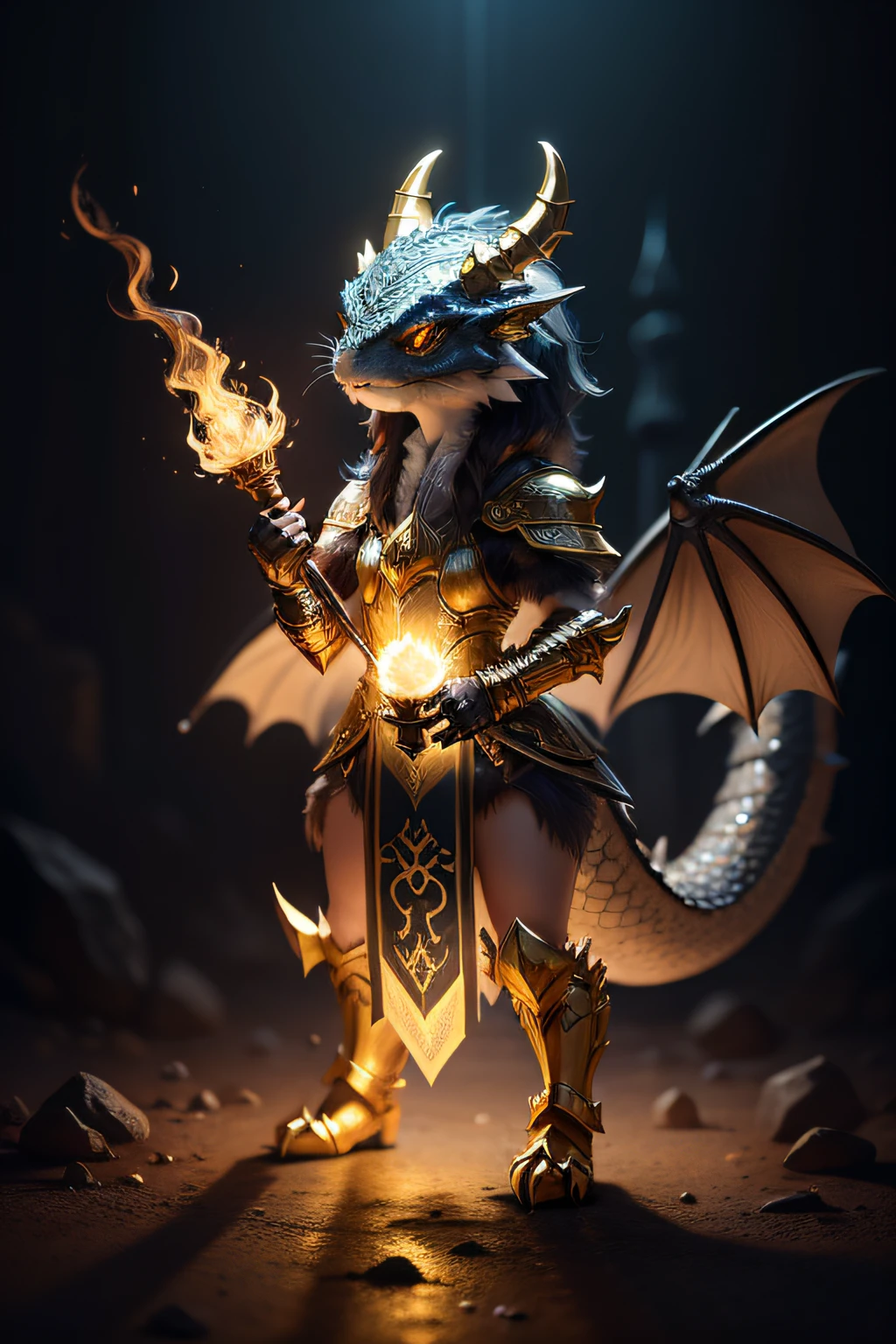 Cute little female dragon, Wizard image, standing on your feet, Hands torch electric light, Wearing gold and black armor, furry fantasy art, High detail, Cinematic lighting, god light, hyper HD, A high resolution
