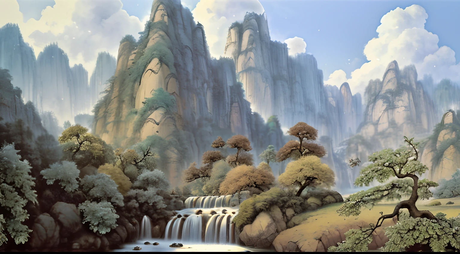 Masterpiece, best quality, high quality, extremely detailed CG unity 8k wallpaper, landscape, outdoor, sky, cloud, sky, no humans, mountain, landscape, water, tree, blue sky, waterfall, cliff, nature, lake, river , cloudy skies, award winning photography, bokeh, depth of field, HDR, bloom, chromatic aberration, photorealism, very detailed, trending on artstation, trending on CGsociety, intricate, high detail, dramatic, midjourney art