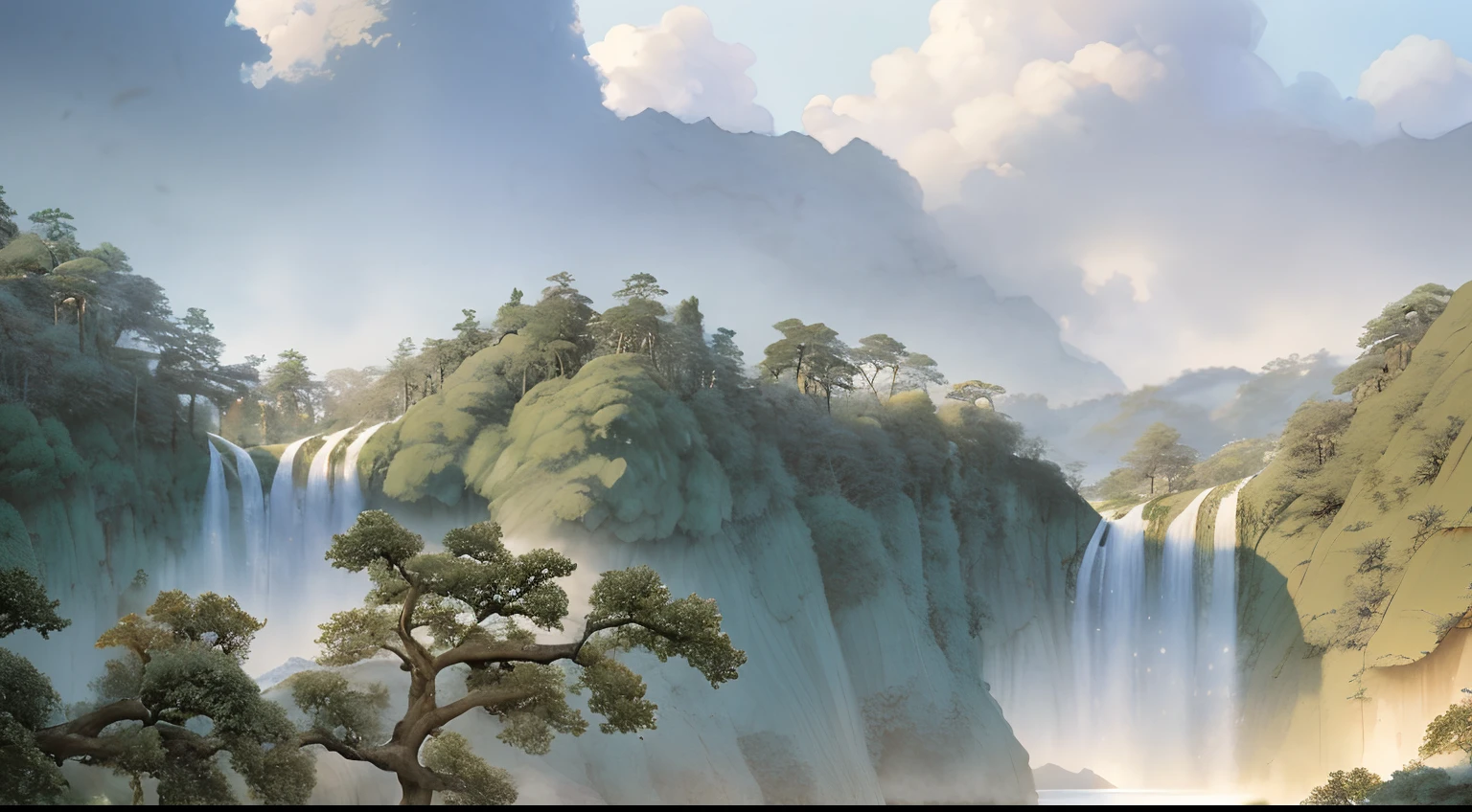 Masterpiece, best quality, high quality, extremely detailed CG unity 8k wallpaper, landscape, outdoor, sky, cloud, sky, no humans, mountain, landscape, water, tree, blue sky, waterfall, cliff, nature, lake, river , cloudy skies, award winning photography, bokeh, depth of field, HDR, bloom, chromatic aberration, photorealism, very detailed, trending on artstation, trending on CGsociety, intricate, high detail, dramatic, midjourney art