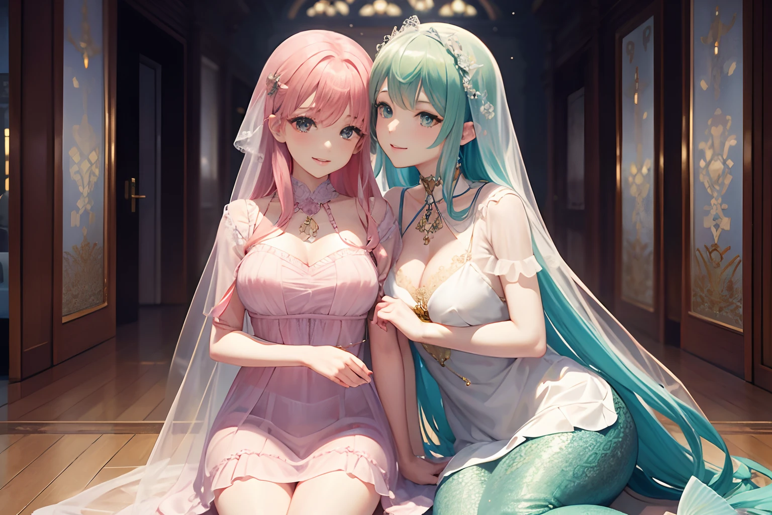 infp young woman、Sheer Mermaid Dresses、Katyusha、Mellow iridescent eyes、Floating hair、Anime Art Style、Looking at the viewer、huge smile、full-shot、Rainbow Gradient Hair Color、Colossal tits、Short sleeves、Beautiful skin、Hallway of the mansion、nobles、sitting gracefully、a chair、Woman kissing on cheek、lace decoration、Classy ornaments、veils