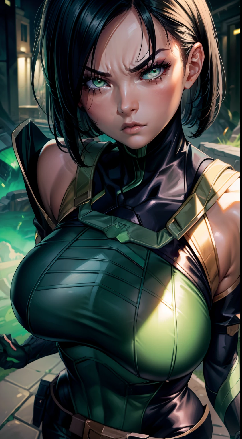 Masterpiece, Best quality,look from down，Facing the screen，《Fearless viper》, tightsuit, mitts, belt, thigh boots, respirator, view the viewer, face, Portrait, Close-up, Super close，Red-faced，Glowing eyes, green smoke, Black background,huge tit，Raised chest，Close-up of chest，oversized boobs，chest focus，Woman in a swimsuit，angry look，Extremely erotic figure，Staring angrily at the screen，Facing the screen，High-gloss dark style